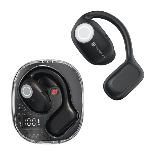 Black Portronics harmonics twins 30 open-ear wireless earbuds| best bluetooth tws earbuds online