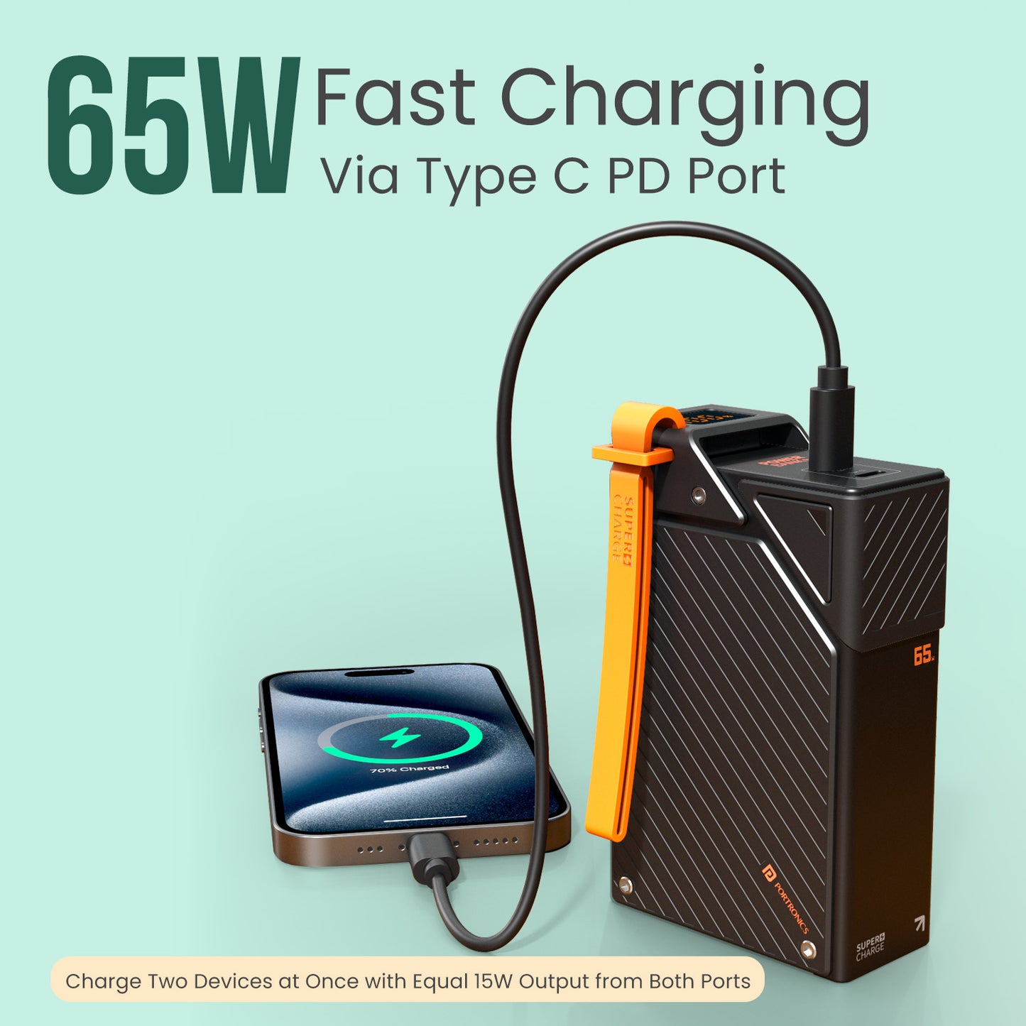 65W Portronics Halley 20K fast-charging power bank, offering massive 20000mAh capacity, reliable performance, dual Type-C outputs, real-time LED display, and sturdy, mini travel-friendly body—best power bank for students and mobile charging on the go