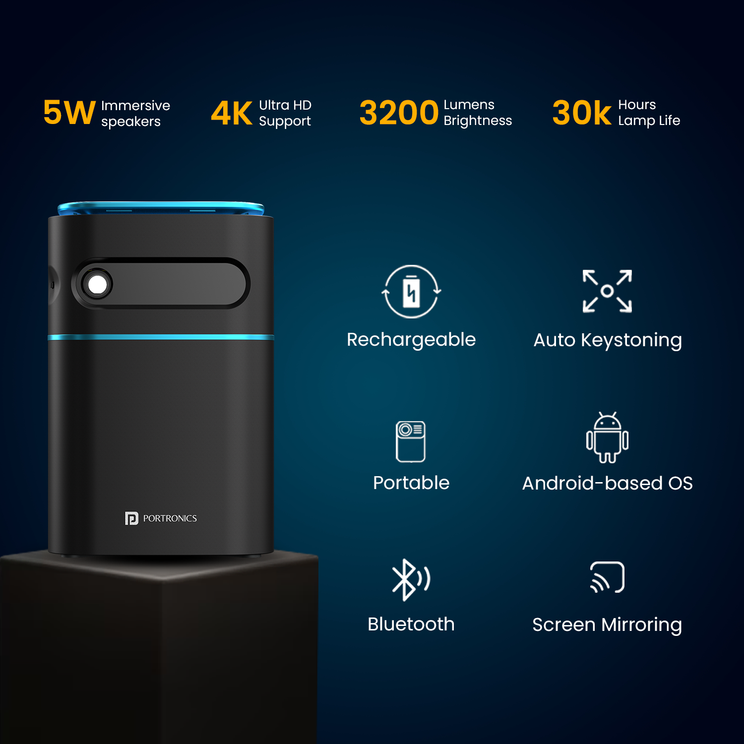 Portronics pico 12 Smart LED mini bluetooth portable projector| mini android projector with multi features| mini projector for home. Black