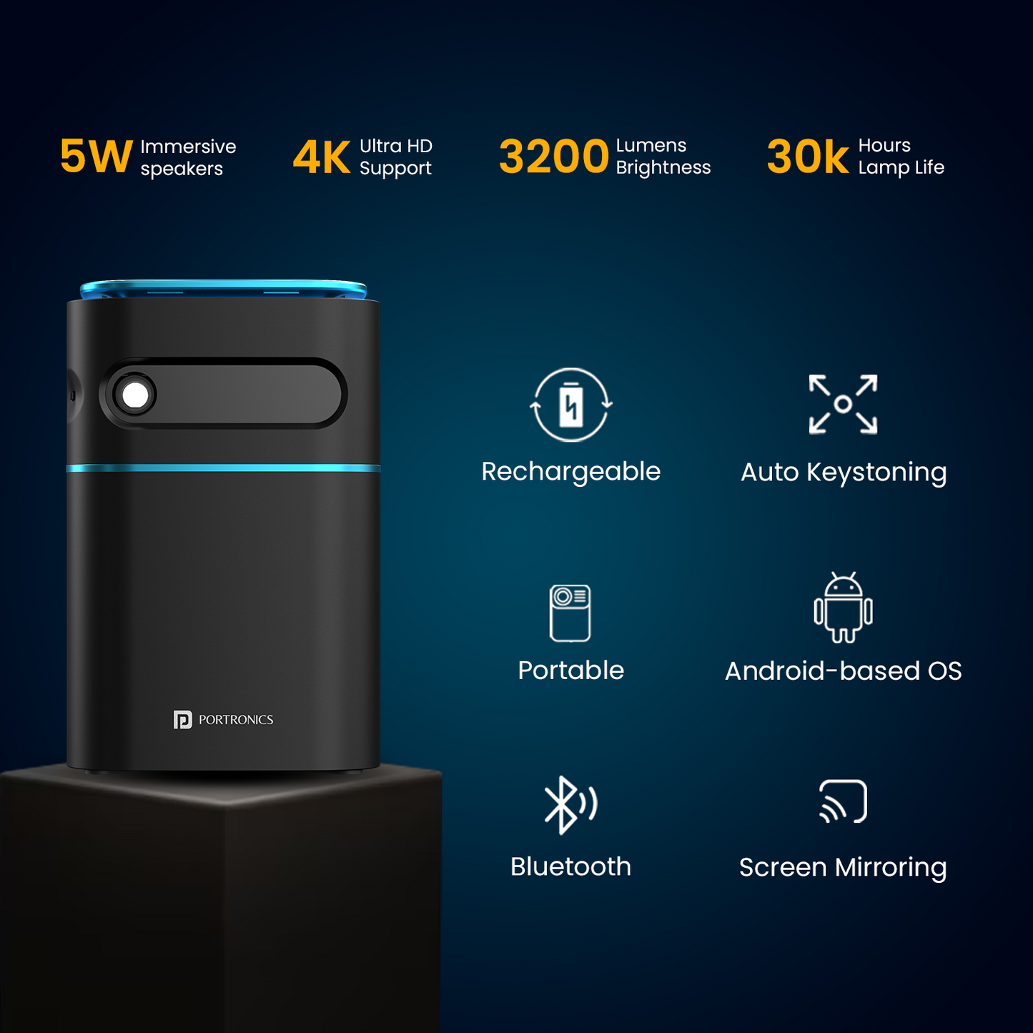 Portronics pico 12 Smart LED mini bluetooth portable projector| mini android projector with multi features| mini projector for home. Black