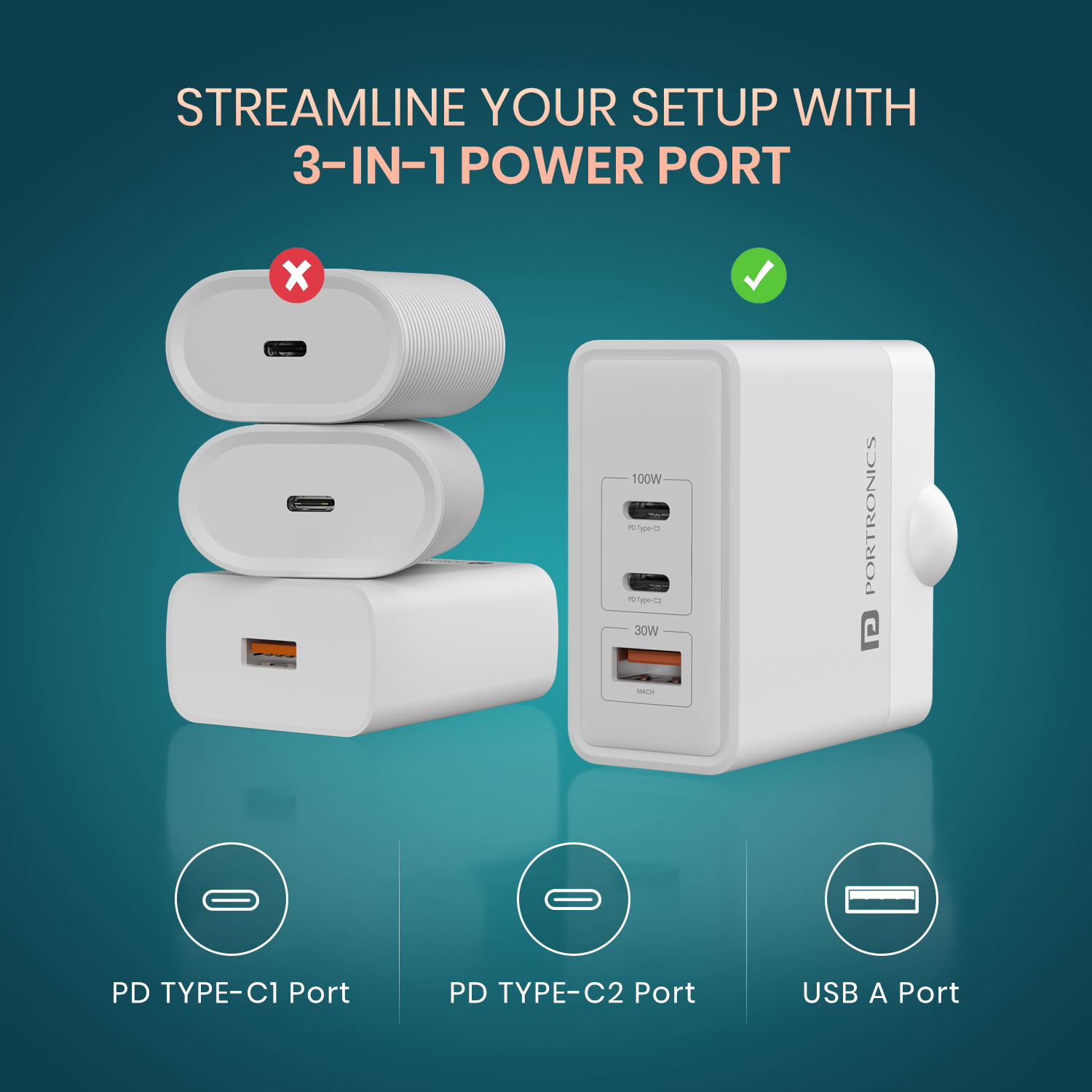 Adapto 100 High-performance Multi Charger with GaN technology, ensuring faster, safer, and more energy-efficient charging for home, office, or travel use| 3 in 1 100w power charger for laptop