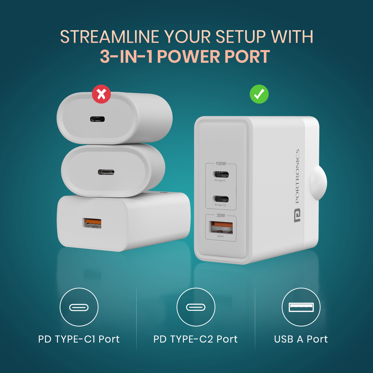 Adapto 100 High-performance Multi Charger with GaN technology, ensuring faster, safer, and more energy-efficient charging for home, office, or travel use| 3 in 1 100w power charger for laptop