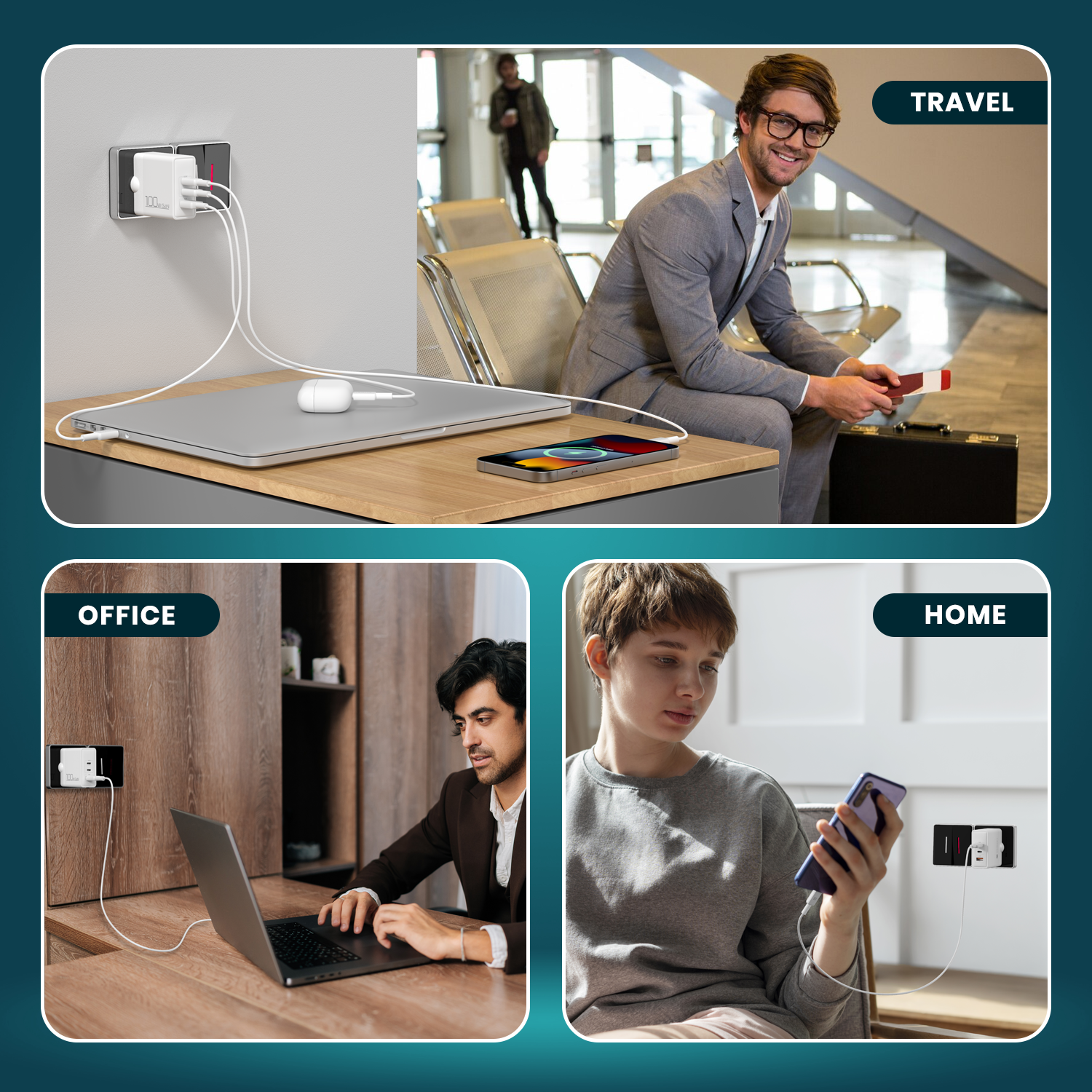 Portronics Adapto 100 Compact and travel-friendly Type C Charger with 100W power output, perfect for powering multiple devices, including phones, laptops, and tablets.