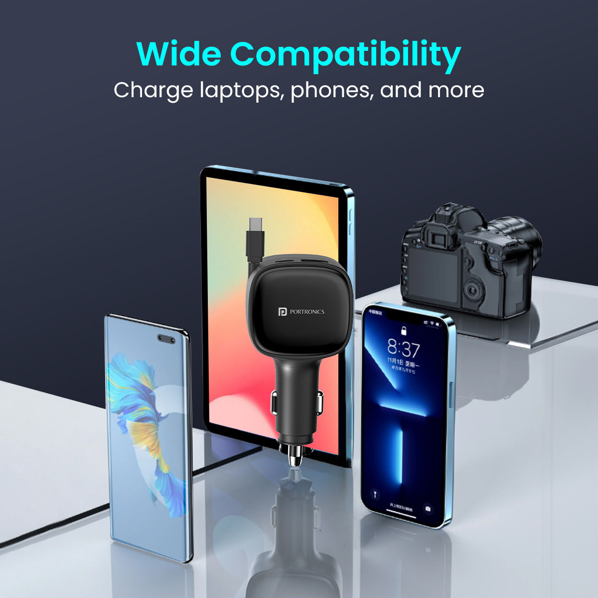 Portronics Car Power Retracto car charger compatible with all smart devices| best car accessories online at discount rate