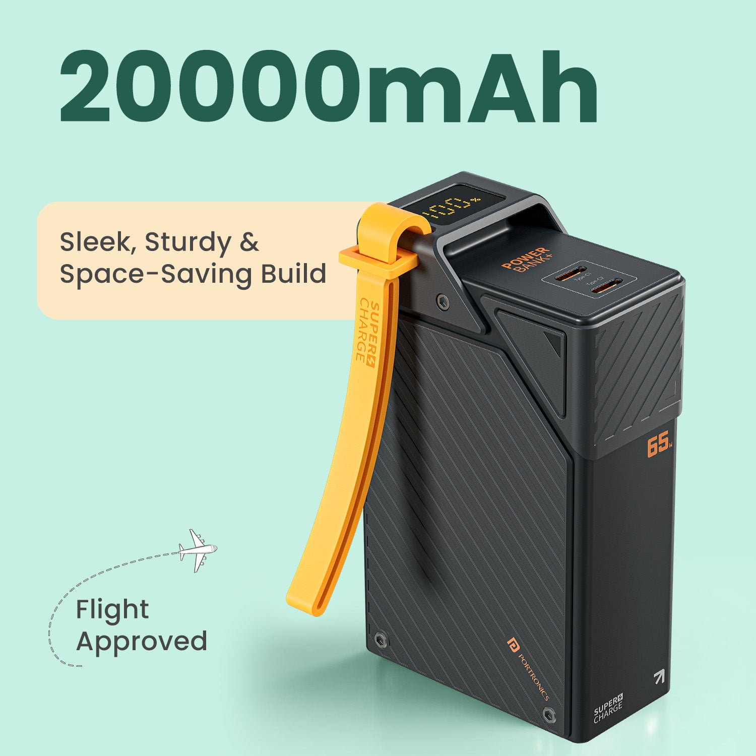 Durable Portronics 20000mah power bank Halley 20K featuring 65W Type-C fast charging, dual output ports, smart LED battery display, pocket size portability, and advanced overcharge protection—top portable power bank choice for iPhone, MacBook, and Android