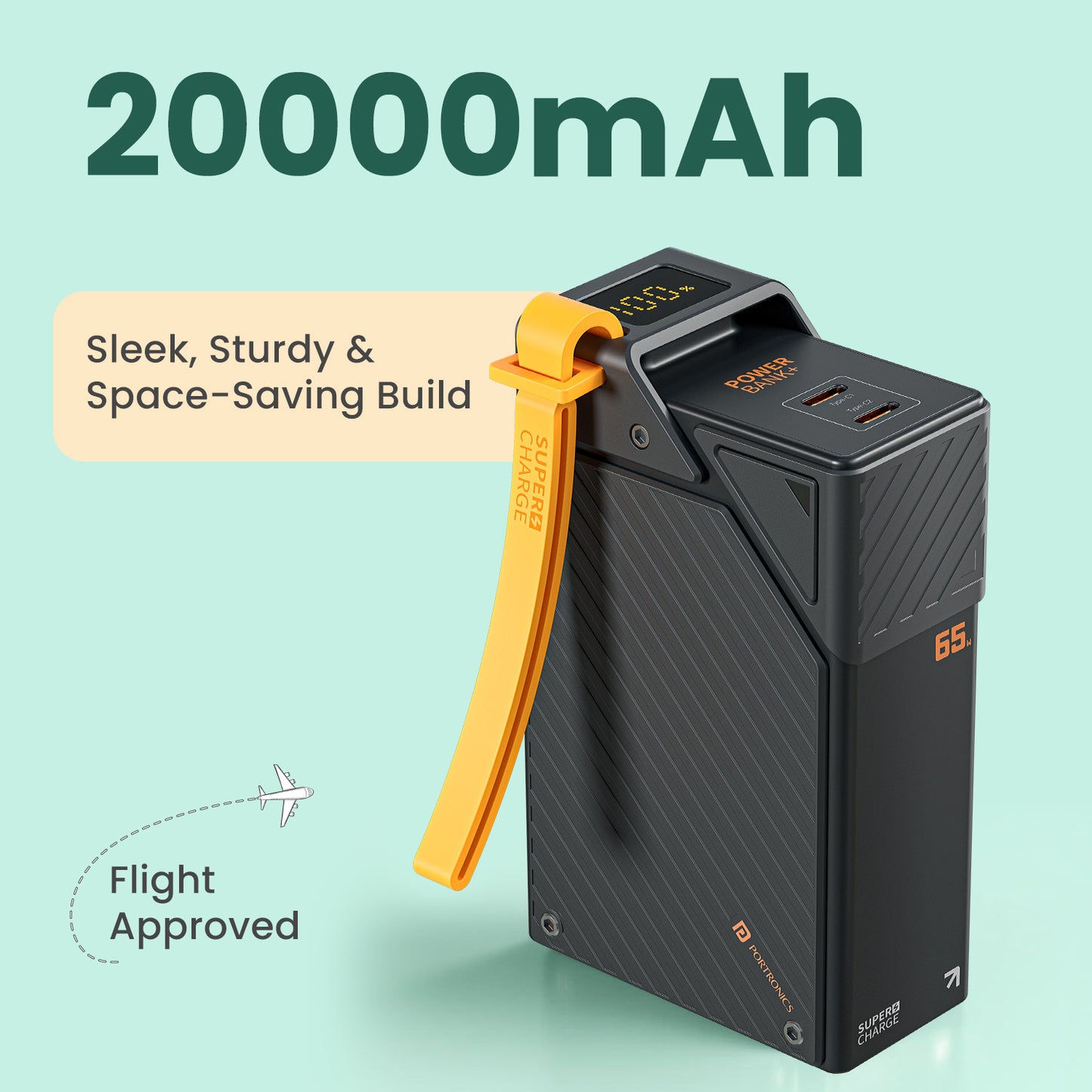Durable Portronics 20000mah power bank Halley 20K featuring 65W Type-C fast charging, dual output ports, smart LED battery display, pocket size portability, and advanced overcharge protection—top portable power bank choice for iPhone, MacBook, and Android