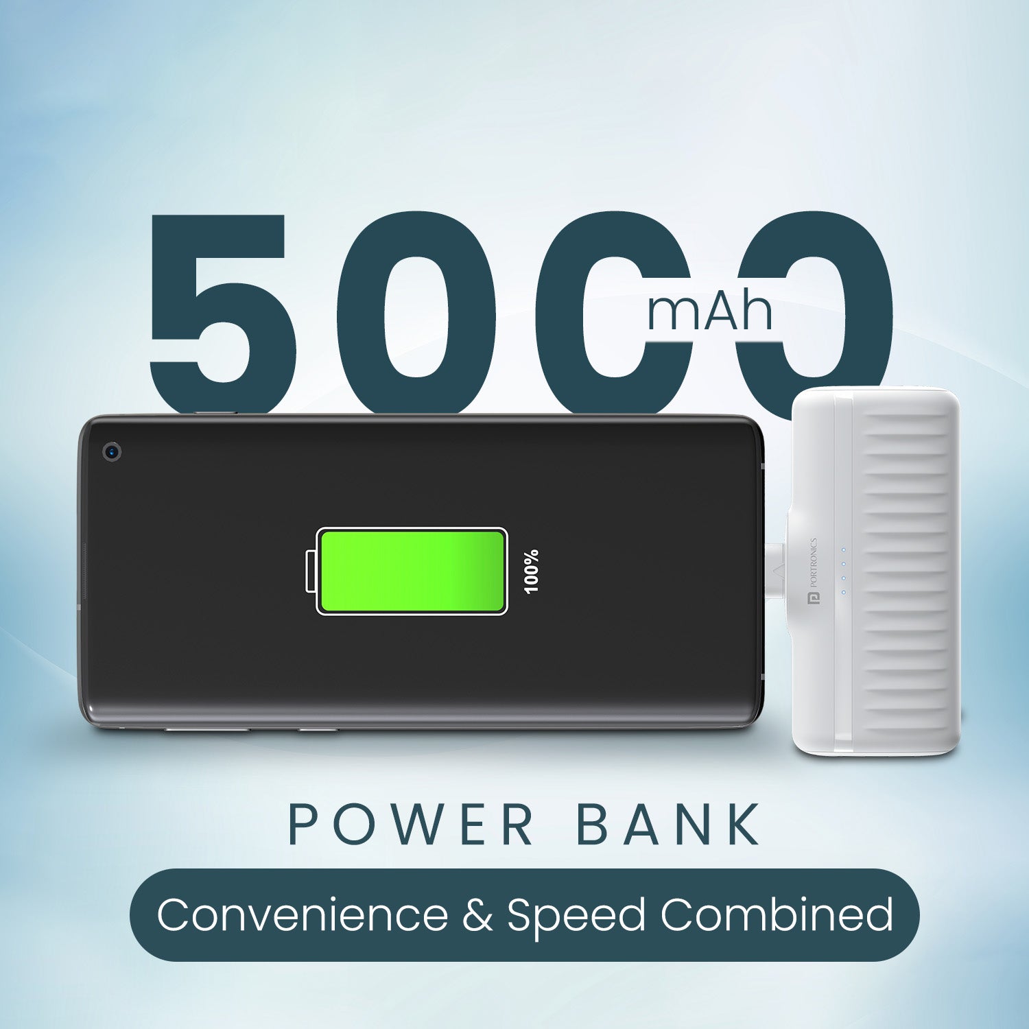 White Fast charging power bank Portronics Pebble smallest 5000mAh ultra-slim form factor, lightweight design perfect for student travel and daily mobile charging reliability