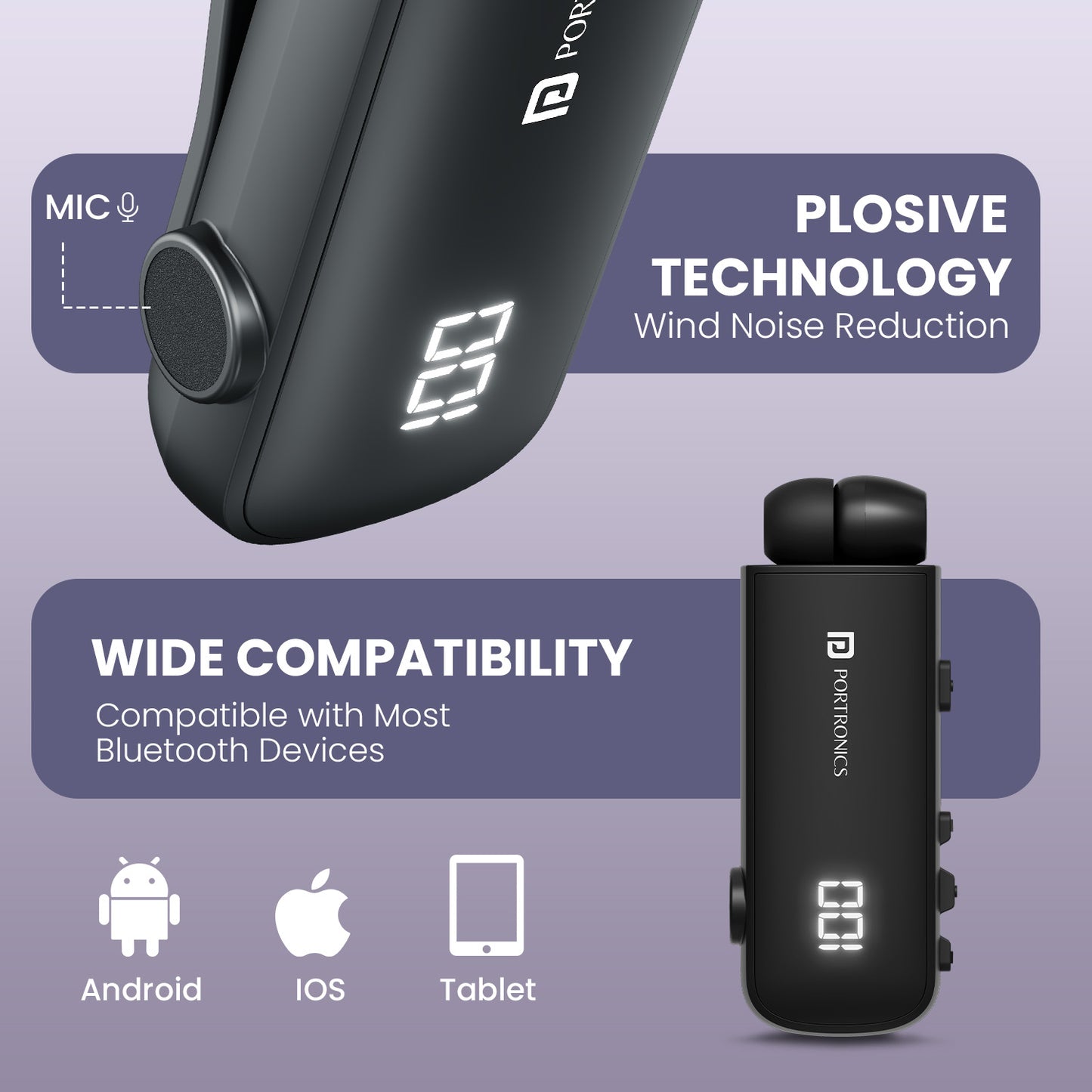 Harmonics Klip 7 Retractable Bluetooth Earphone by Portronics | Wireless Bluetooth Headsets with ENC, 30 Hours Talktime & Type-C Fast Charging | Bluetooth Headphone for Music & Calls