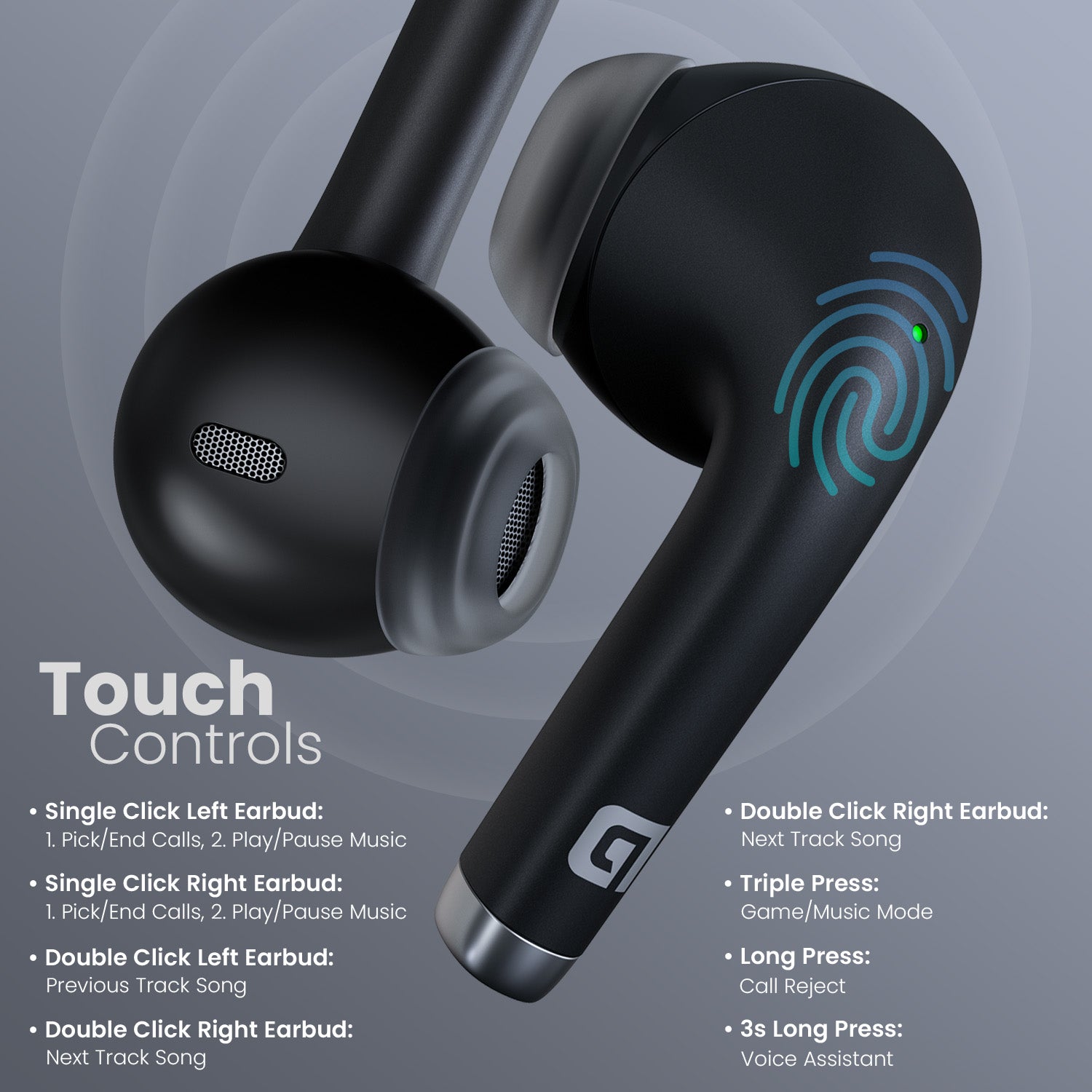 Black Portronics Harmonics Twins s19 bluetooth earbuds with Soft Touch Control| bluetooth earbuds with Soft Touch Control
