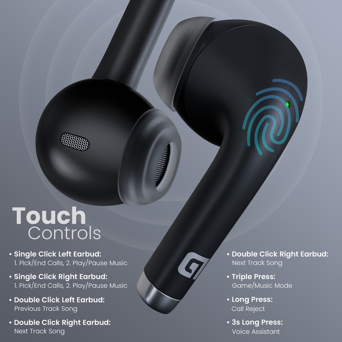Black Portronics Harmonics Twins s19 bluetooth earbuds with Soft Touch Control| bluetooth earbuds with Soft Touch Control