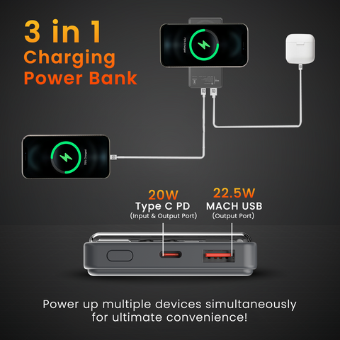 3 in 1 Portronics Luxcell Wireless 10K 10000mah 15w mag safe fast charging wireless power bank with 22.5w wired charging