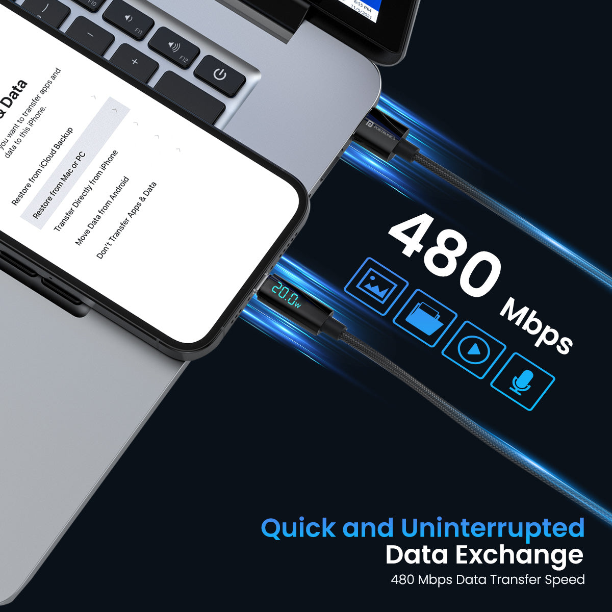 Black Portronics Konnect View - USB-A to 8 Pin Display Cable| Fast charging Cable for Iphone| fast data transfer cable