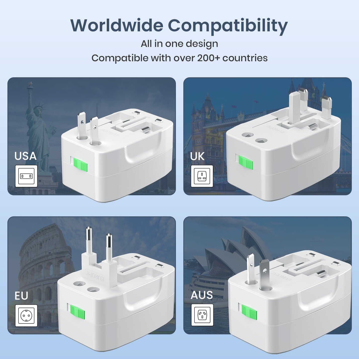 JuiceMate Go charging adapter, mobile charger, and universal travel adapter; offers USB, type c, and multi USB adapter support for efficient fast charge at home or while traveling