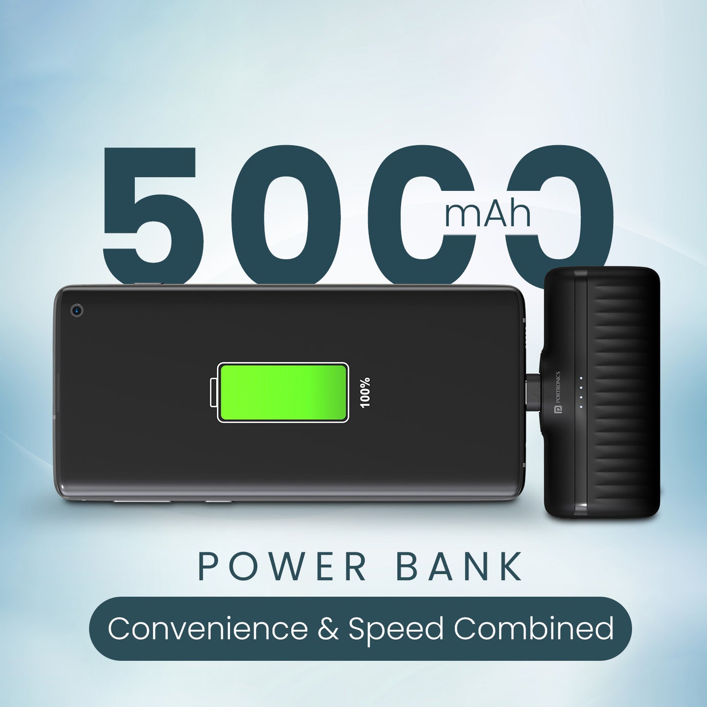 Black Mini power bank Portronics Pebble 5000mAh high capacity battery for students and travel with universal compatibility