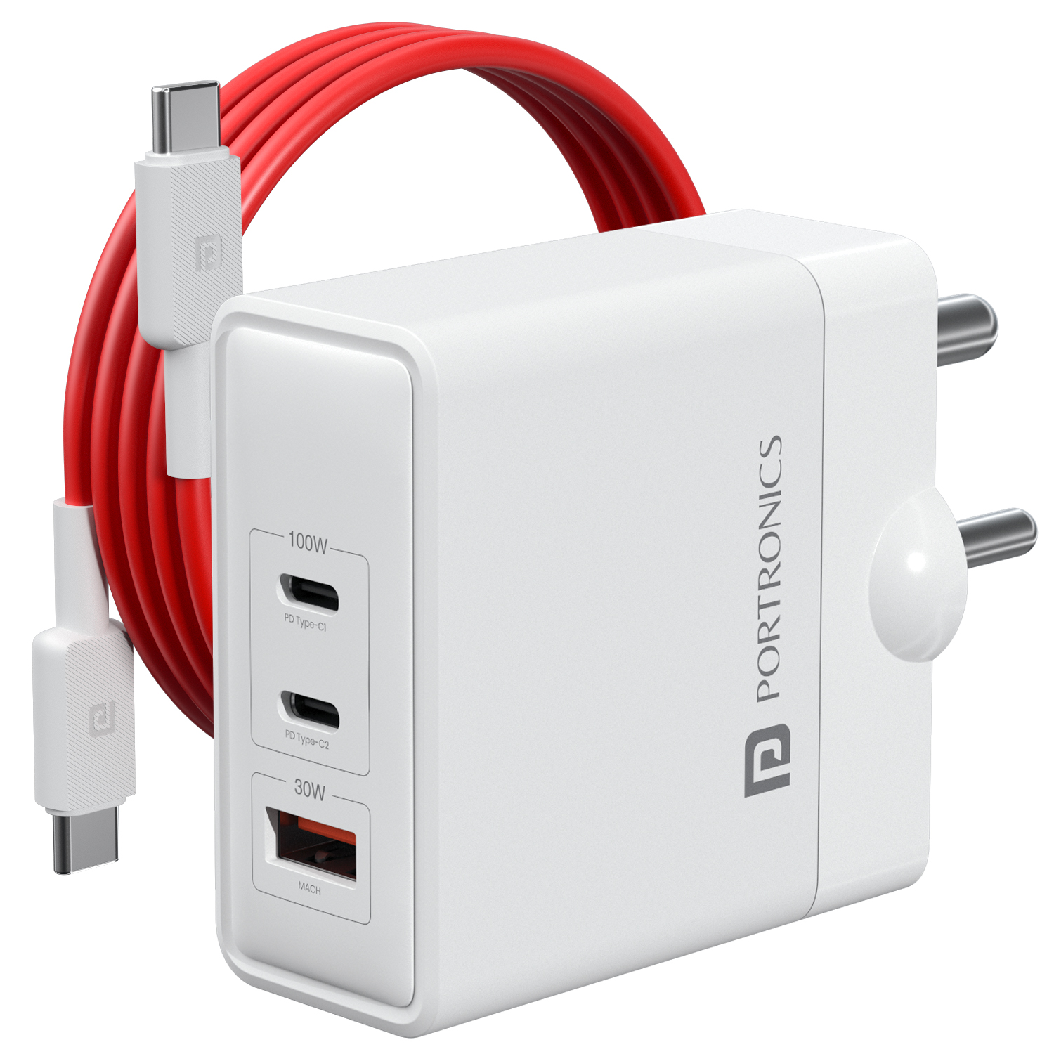 Portronics Adapto 100 Multiport Charger with dual USB-C PD and USB-A ports, designed for fast charge capability and universal device compatibility.