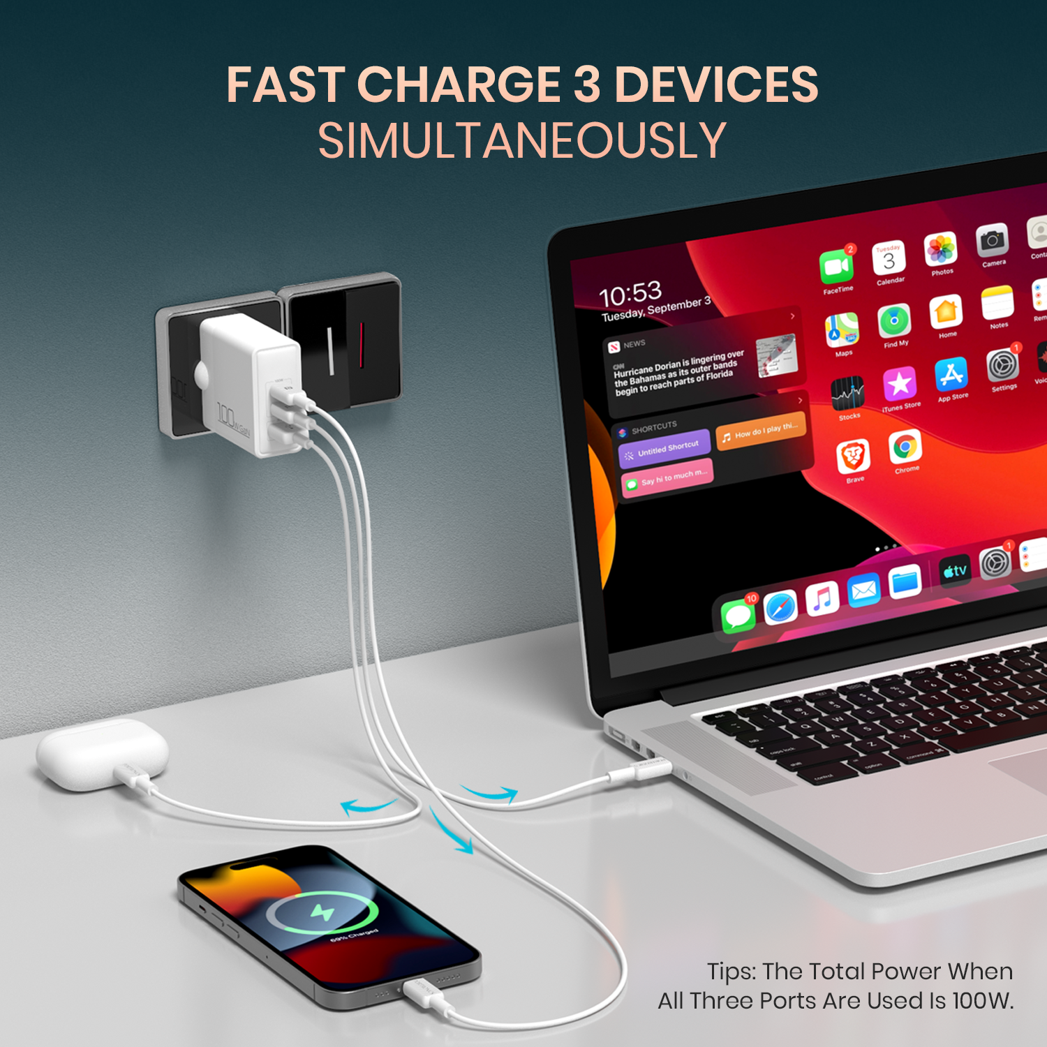 Portronics Adapto 100 Versatile Charger with 100W fast charge support, seamlessly compatible with MacBook, iPhone, Samsung, and other Type C and USB-A devices|| charger 3 devices at once