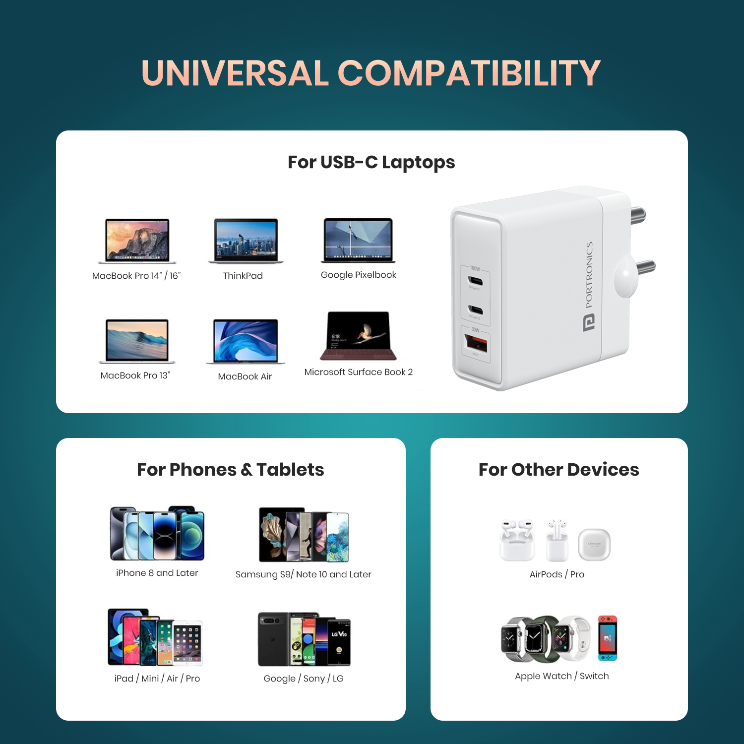 Portronics Adapto 100 Reliable and durable Charger Adapter, built for universal compatibility with fast charging capabilities