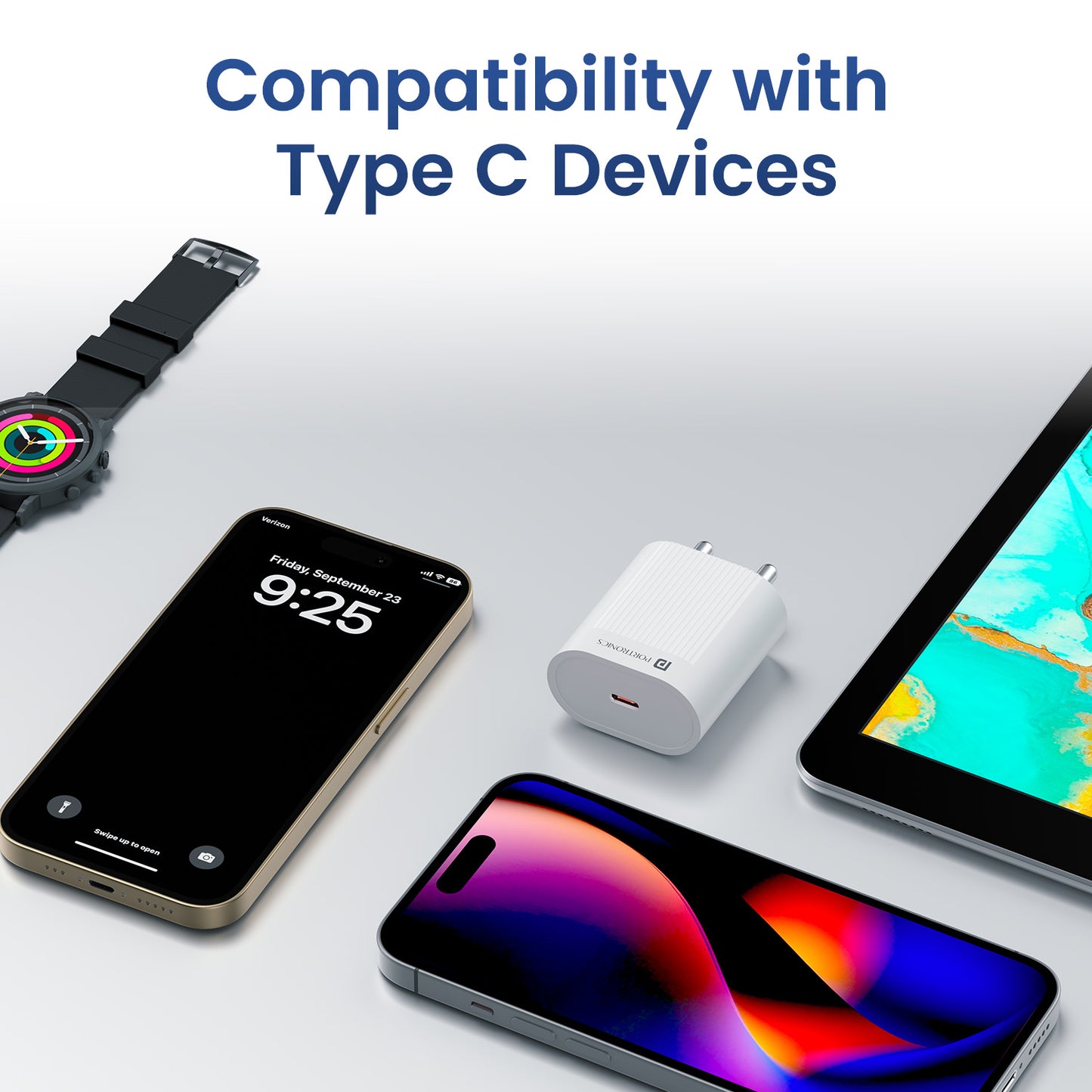 Portronics Adapto 45A Universal Type-C Charger – Travel-friendly, compact, and powerful Type C PD charging adapter with fast charge support, ideal for smartphones, tablets, and accessories, ensuring efficient and safe charging anywhere.