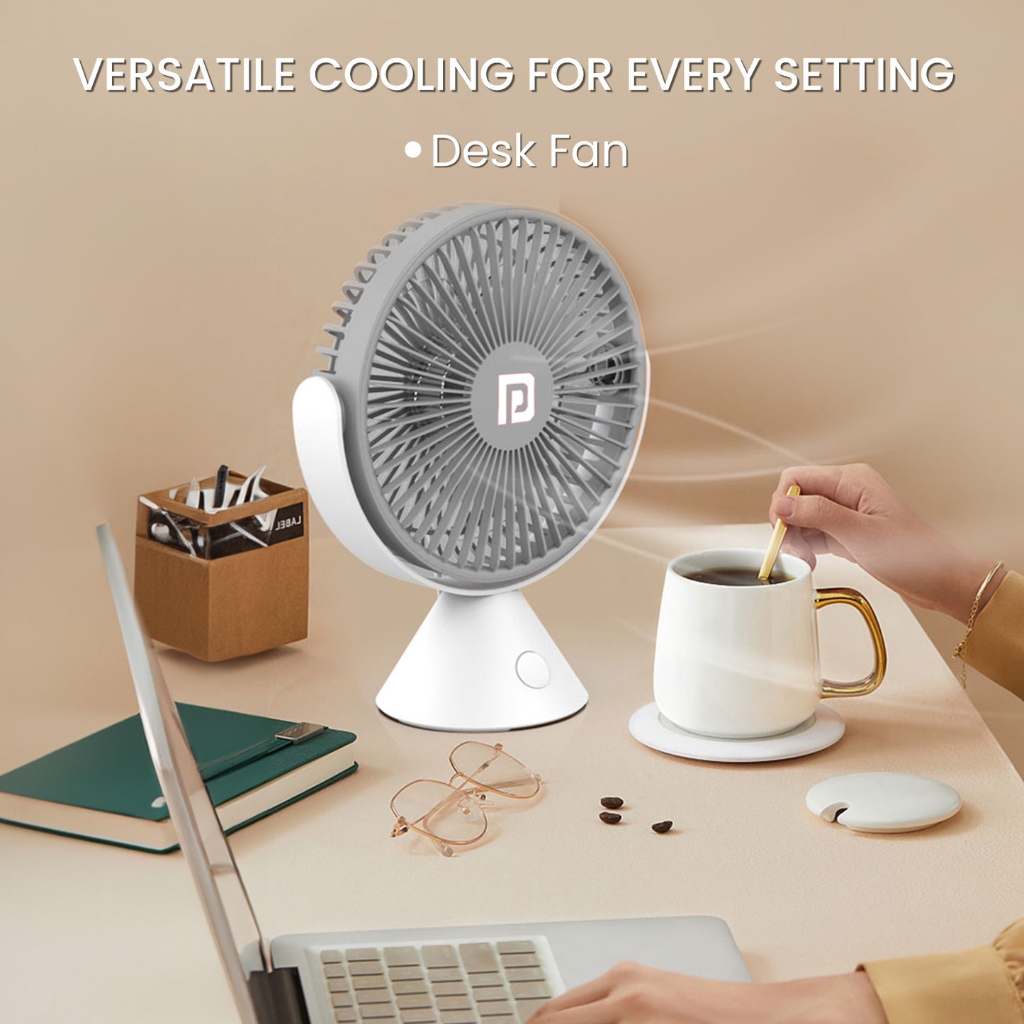 Grey Portronics Aero Breeze mini portable fan with premium build quality and elegant design