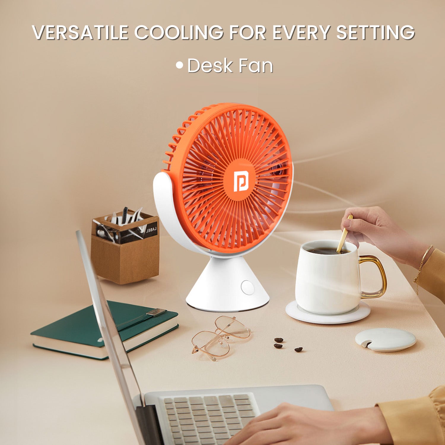 Orange Portronics Aero Breeze rechargeable fan with USB charging and up to 4 hours battery life