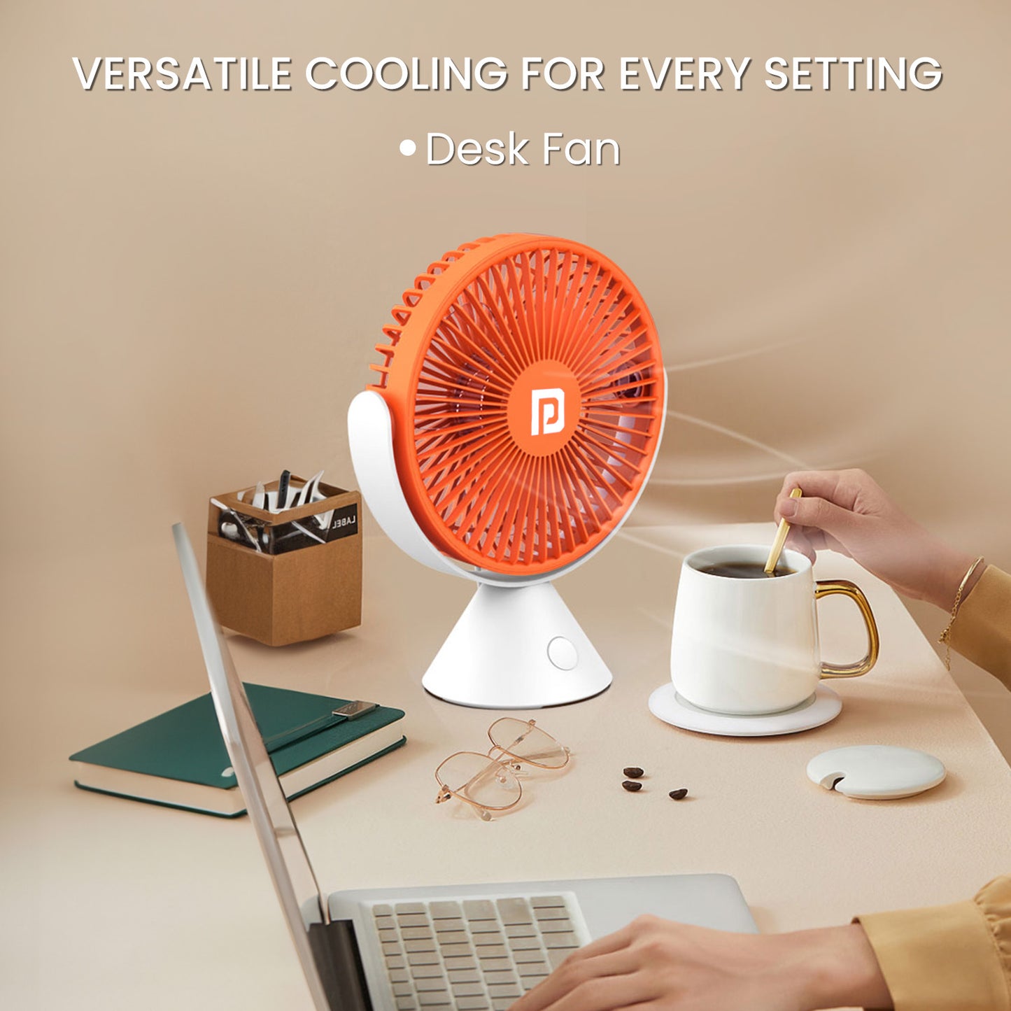 Orange Portronics Aero Breeze rechargeable fan with USB charging and up to 4 hours battery life