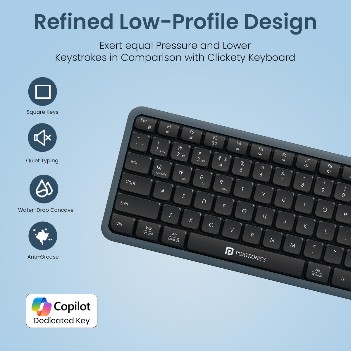 Portronics Akshr Prime Bluetooth Keyboard | Rechargeable wireless keyboard with multimedia hotkeys | keyboard for laptop tablet and computer use
