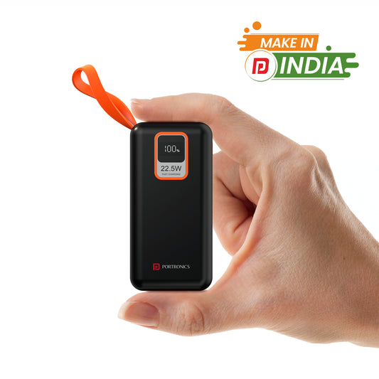 Black Portronics Ampbox 10K 10000mah Power bank with 2 input Micro USB and Type C| portronics power bank 10000mah| best power bank 10000mah| portronics power bank online| power bank online