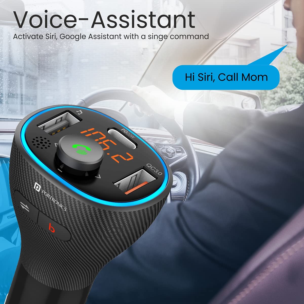 Portronics Auto 15 Wireless Audio Connector compatible with all car models, designed for seamless Bluetooth connectivity and voice assistance