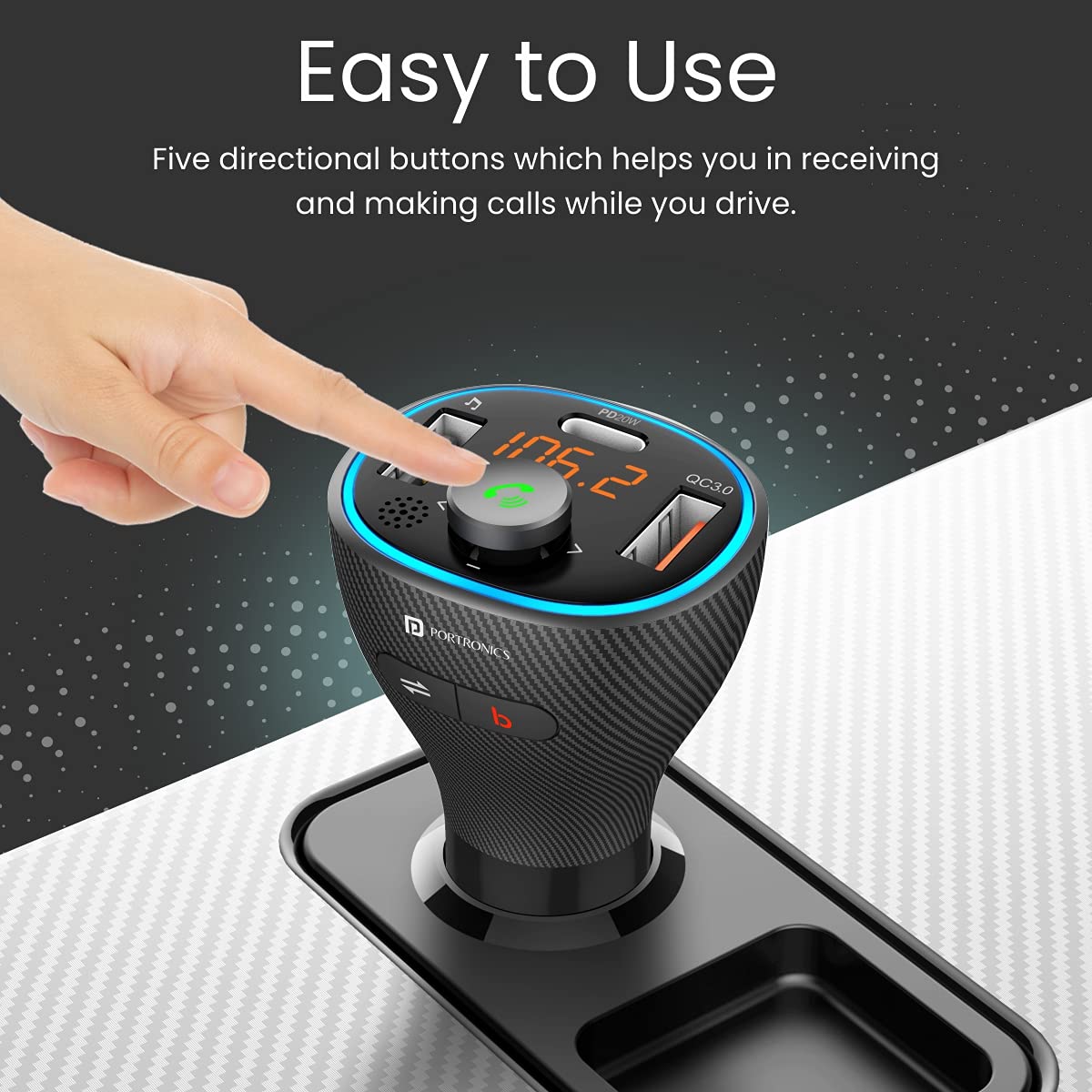 Compact and elegant Portronics Auto 15 car Bluetooth device with directional buttons for easy call handling and music control