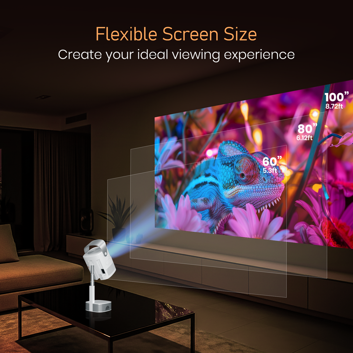 Portronics Beem 550 | Compact Foldable Smart LED Projector | Supports Projection up to 100 Inches with Auto Keystone Correction, Projection Ratio 1.1:2, and 70 mm Auto Focus Lens | Portable Projector for Home Entertainment and Movie Nights