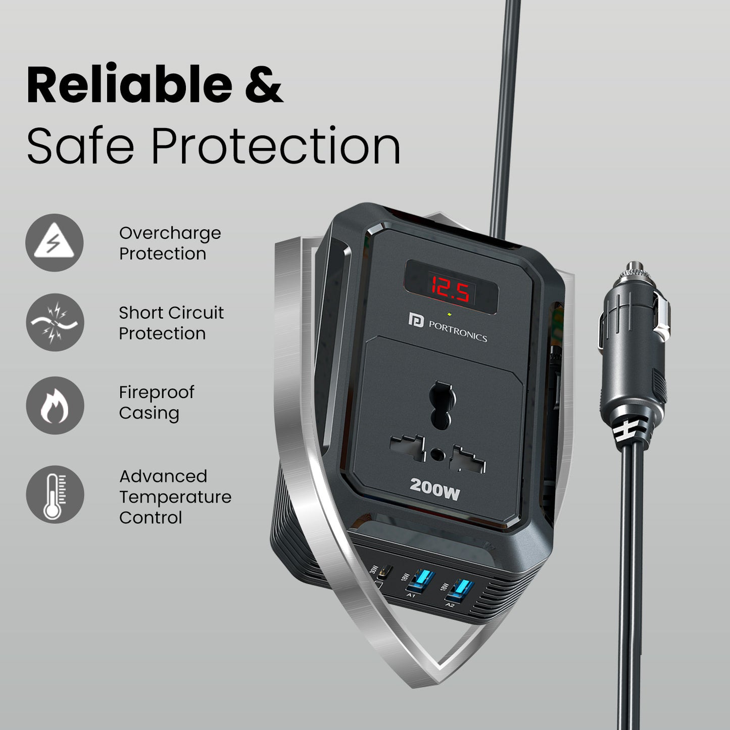 Portronics Car Power III Pro | Car fast charger adapter with dual USB-A and Type-C ports, universal AC socket, LED voltage display, over-voltage & short-circuit protection | affordable, safe, and reliable car accessory for everyday use