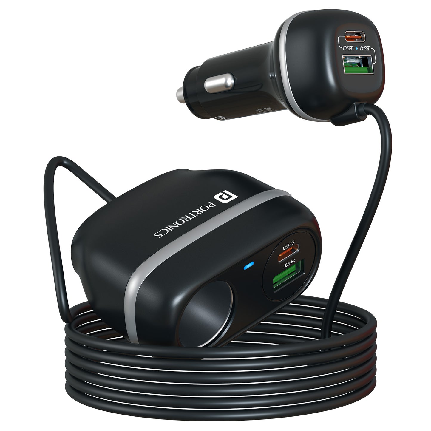 Portronics Car Power Trail 111W four-port car charger with extended cable for front and back seat charging and built-in cigarette lighter socket.