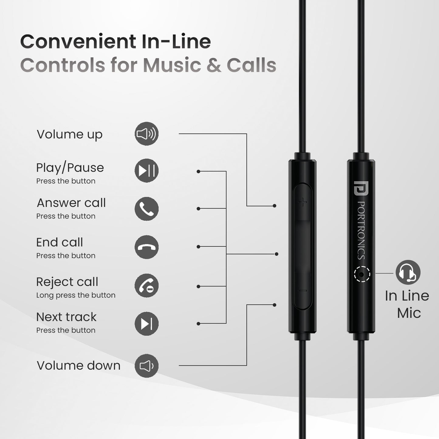 Black Portronics Conch Theta A with mic, in-line controls, and sleek earbuds for smooth communication on the go