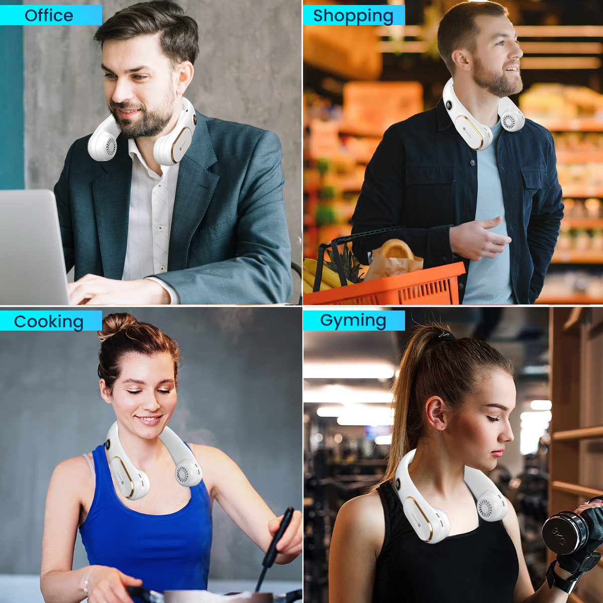 White Hands-free Portronics GoBreeze portable neck fan ideal for walking, cooking, studying, and office use| USB-C charging neckband for outdoor cooling