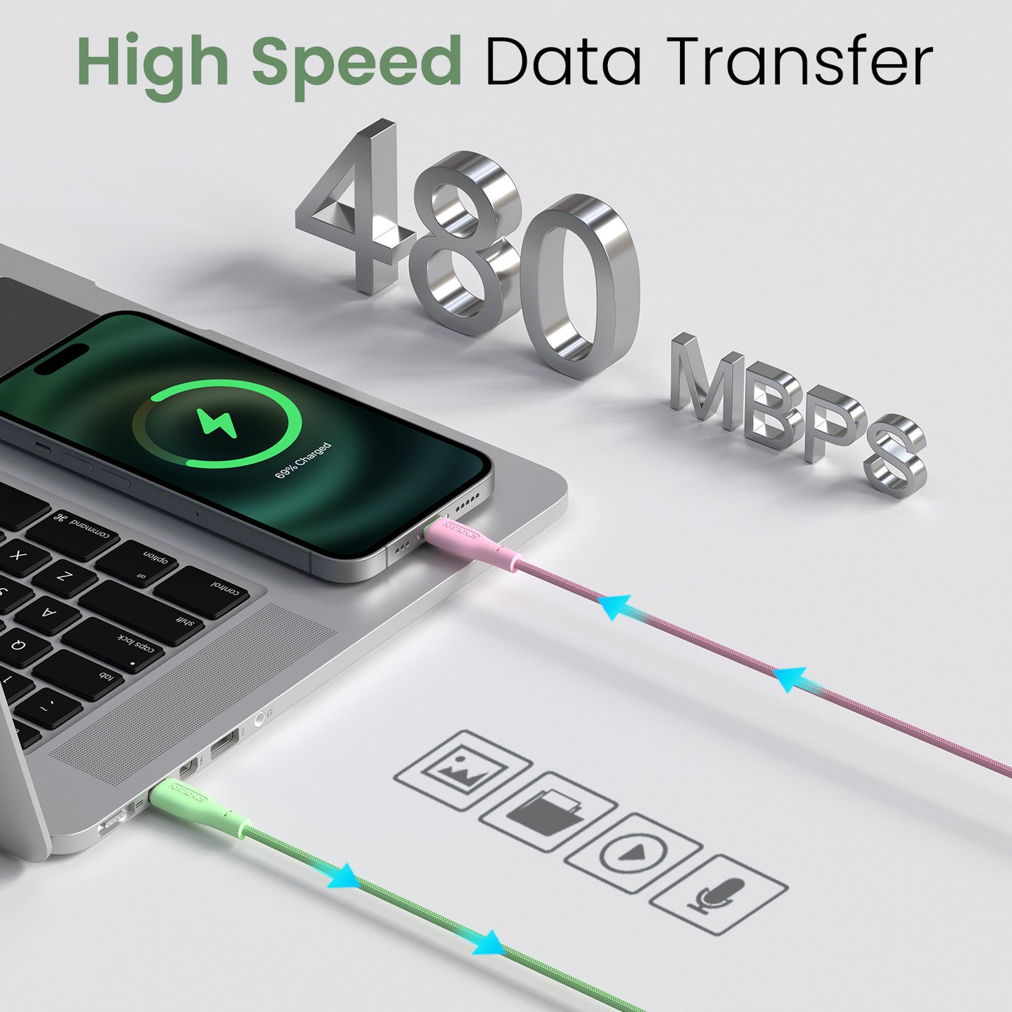 Portronics HUE X fast charging cable | type-c cable to type-c with 60W power delivery and 480Mbps speed for smooth data syncing
