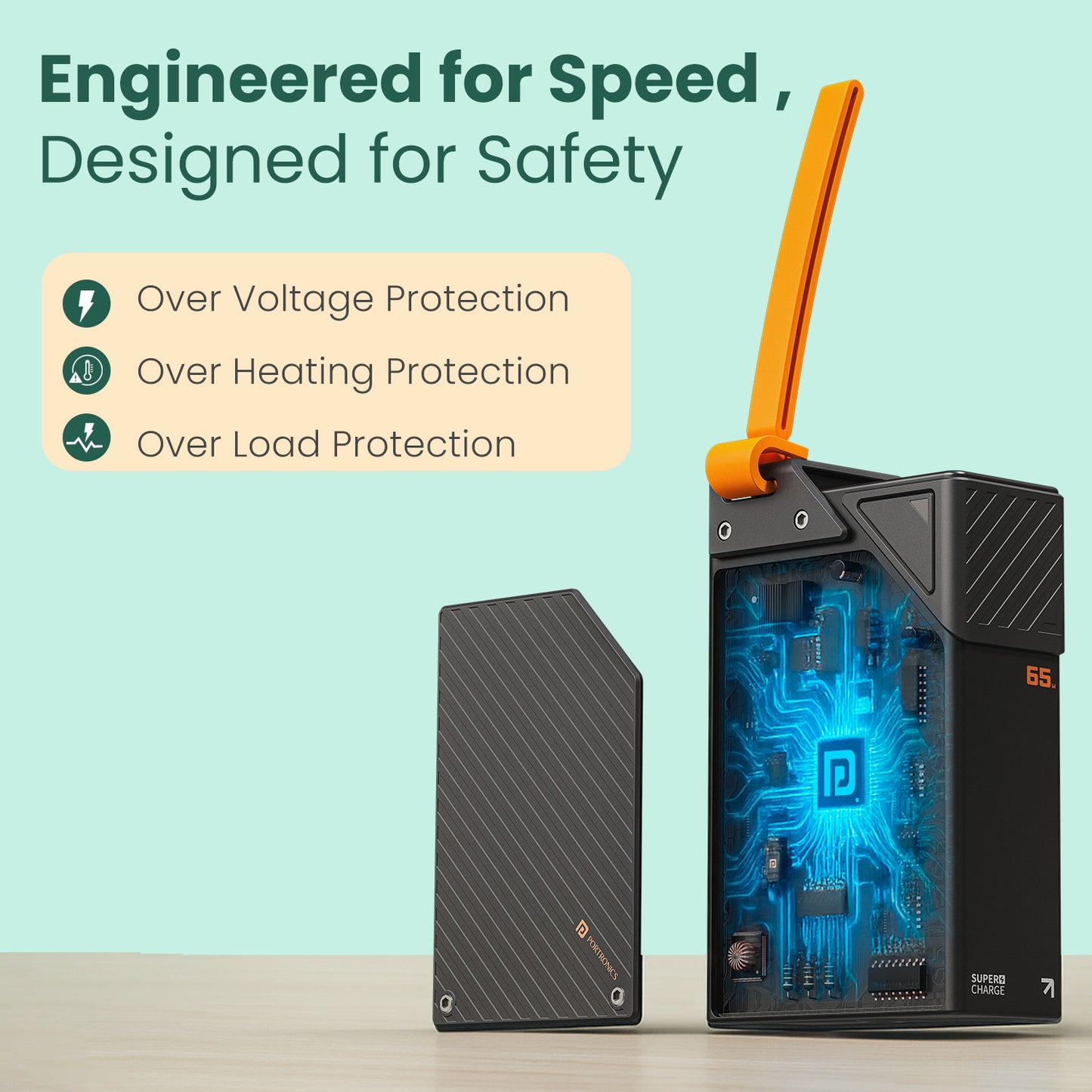 Portronics Halley 20K ultra-portable power bank 20000mah fast charging, equipped with strong lanyard, premium textured body, dual output ports, and LED battery indicator—ideal for smartphone, tablet, and MacBook users