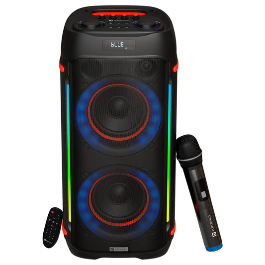 Portronics Iron Beats IV 250W party speaker with Bluetooth, dual subwoofers, and RGB LED lights for immersive audio experience