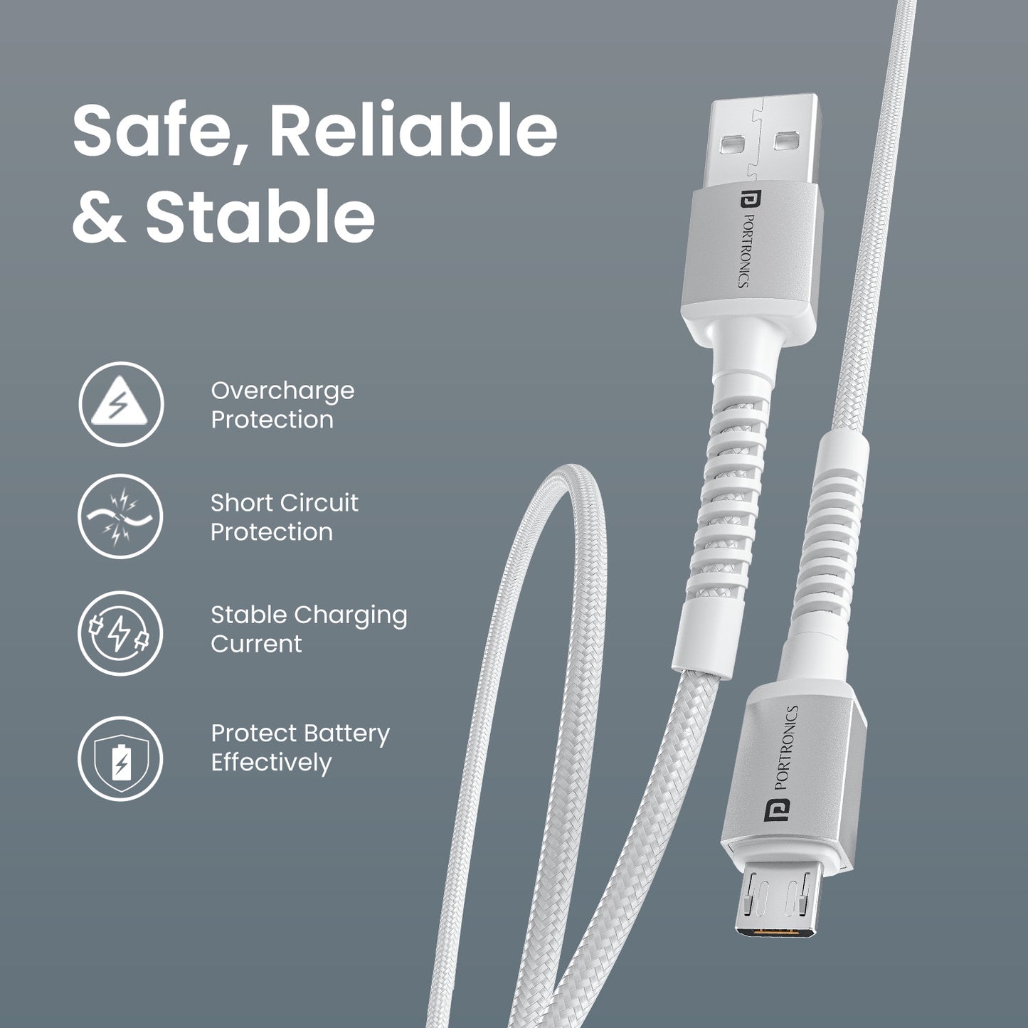 White Portronics Konnect X micro usb cable with upgraded durability and safe power flow – designed for stable and efficient charging | premium konnect cable for consistent performance
