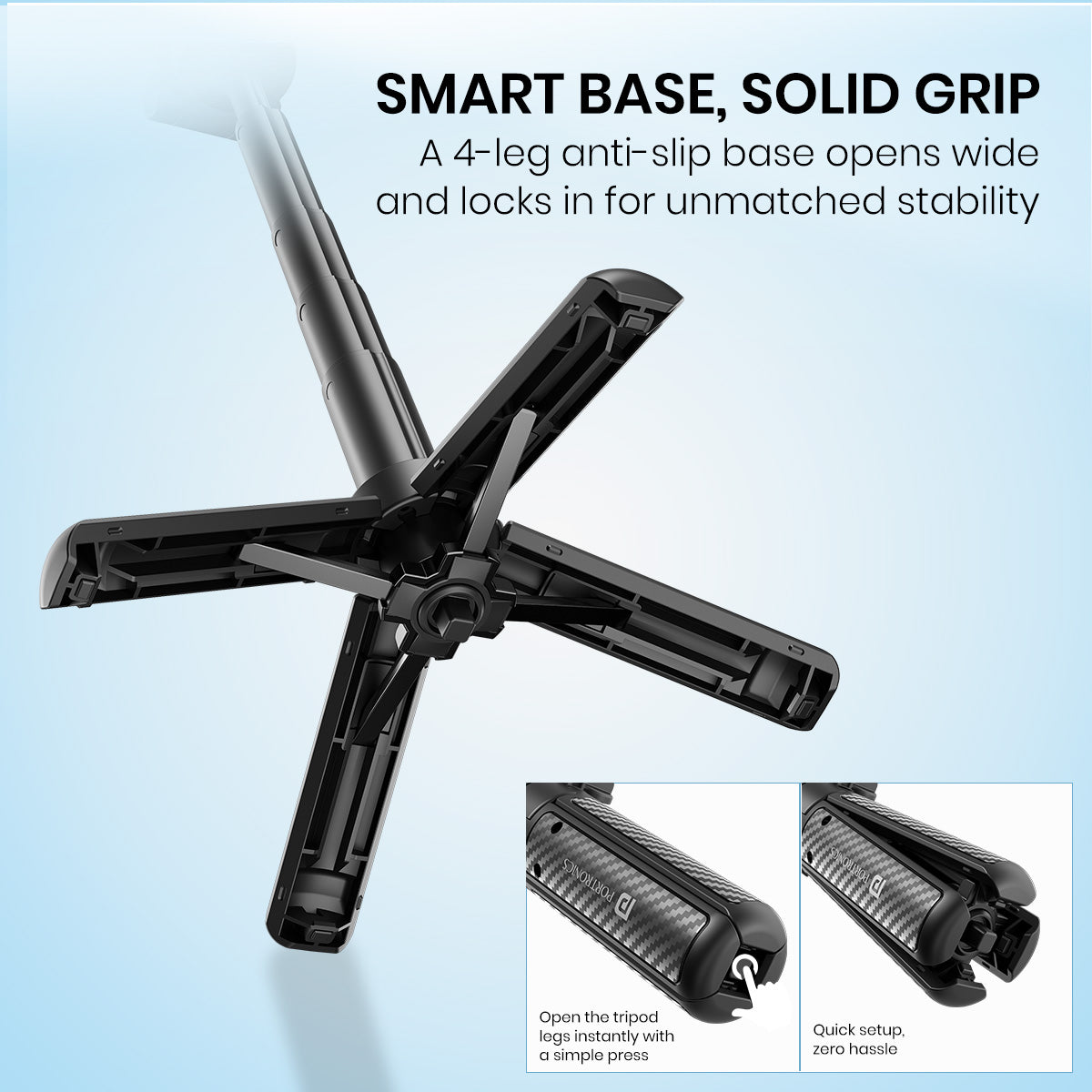 Portronics Lumistick Snap tripod selfie stick with Bluetooth remote and 4-leg stable base, foldable selfie stick stand for mobile content creation and vlogging