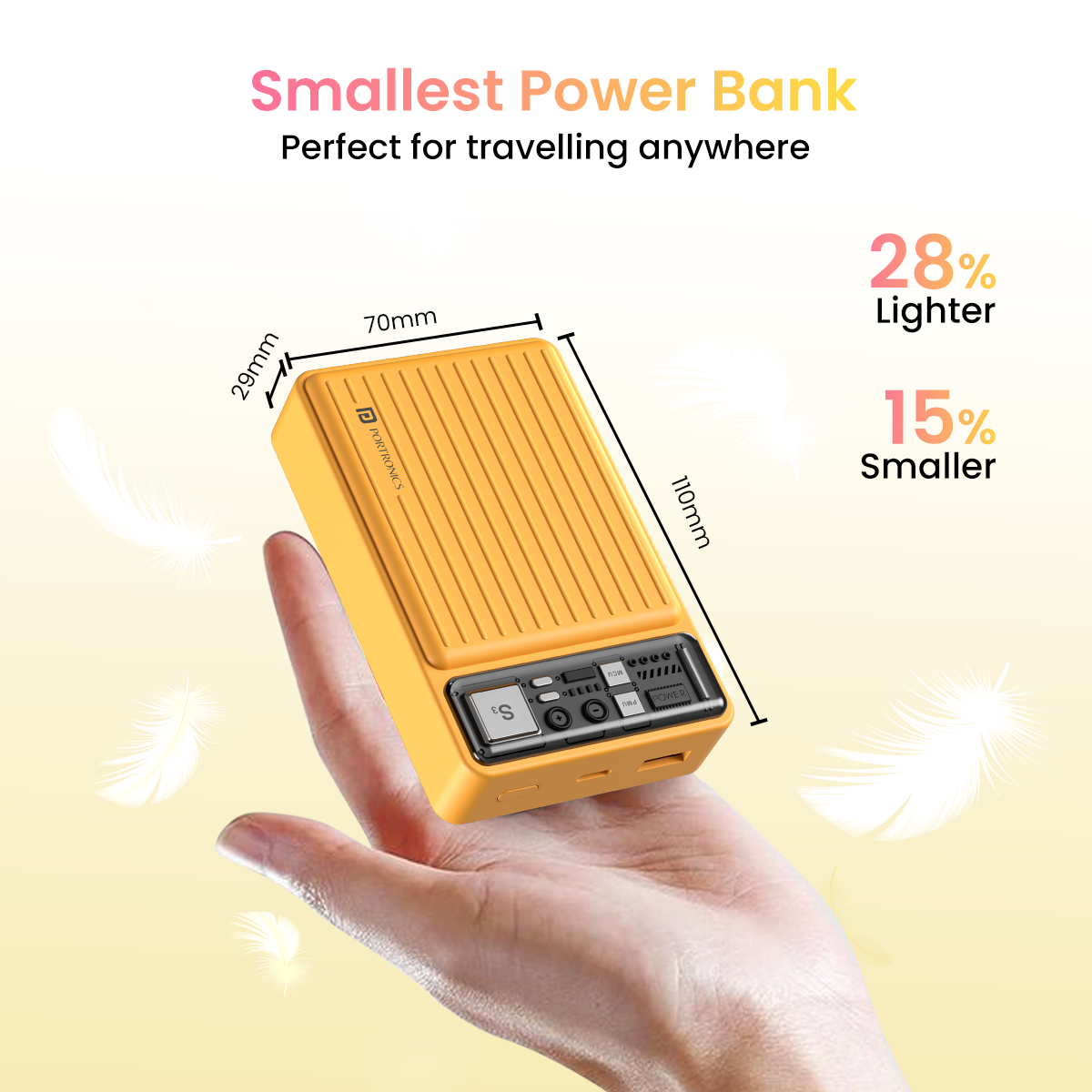 Yellow Portronics Luxcell Mini 20K, a durable and best powerbank option in India, suitable for fast charging multiple devices at once