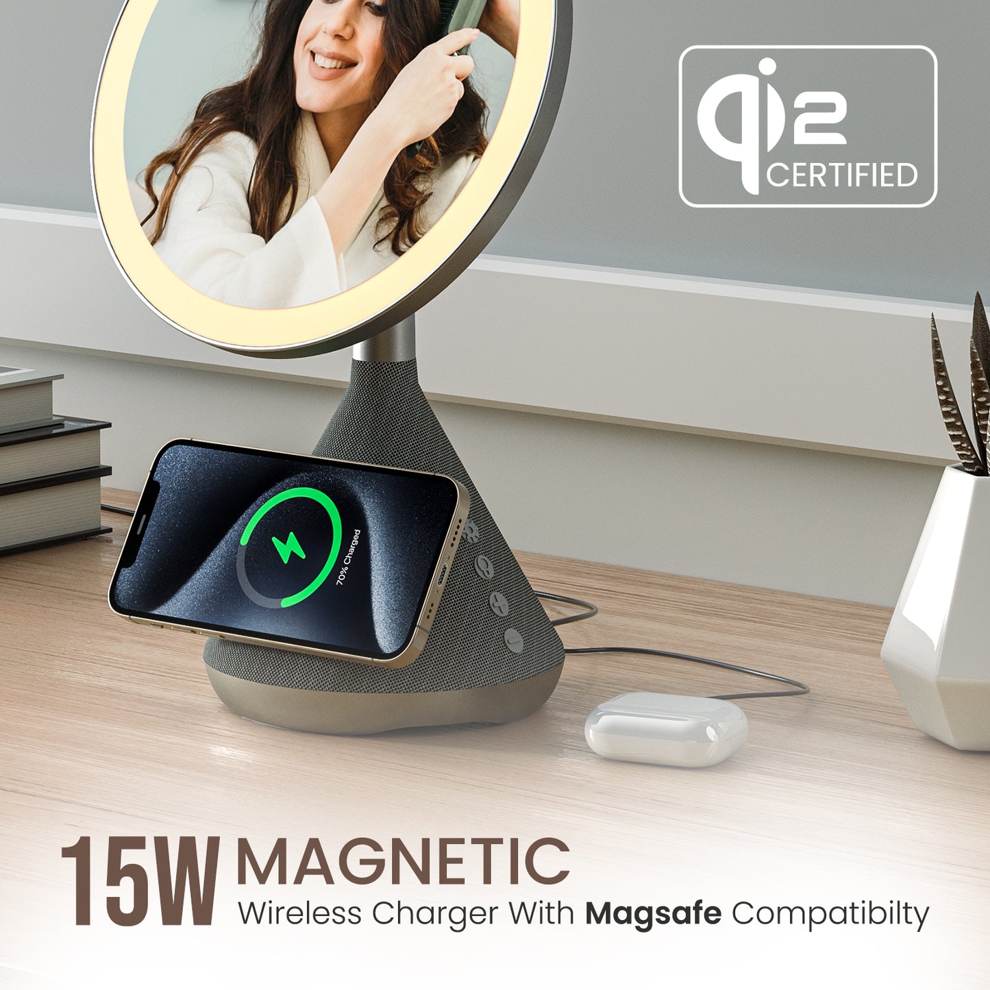 Wireless mobile charging pad and wireless charging stand combined in Portronics MOVO, featuring Qi 2.0 certified 15W wireless charger, Bluetooth speaker, and adjustable mirror for desktop use.