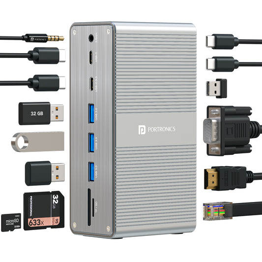 Portronics MPort Vault 13-in-1 Docking Station | Multiport USB Hub with 4K HDMI, VGA, 100W PD Charging, USB 3.0, Ethernet, SD/microSD | Best USB Hub for Laptop, PC, and MacBook Air