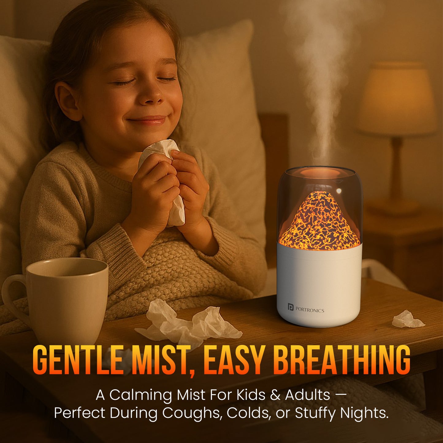 Portronics Magma best humidifier in India with flame effect light, whisper-quiet function, and skin hydration benefits