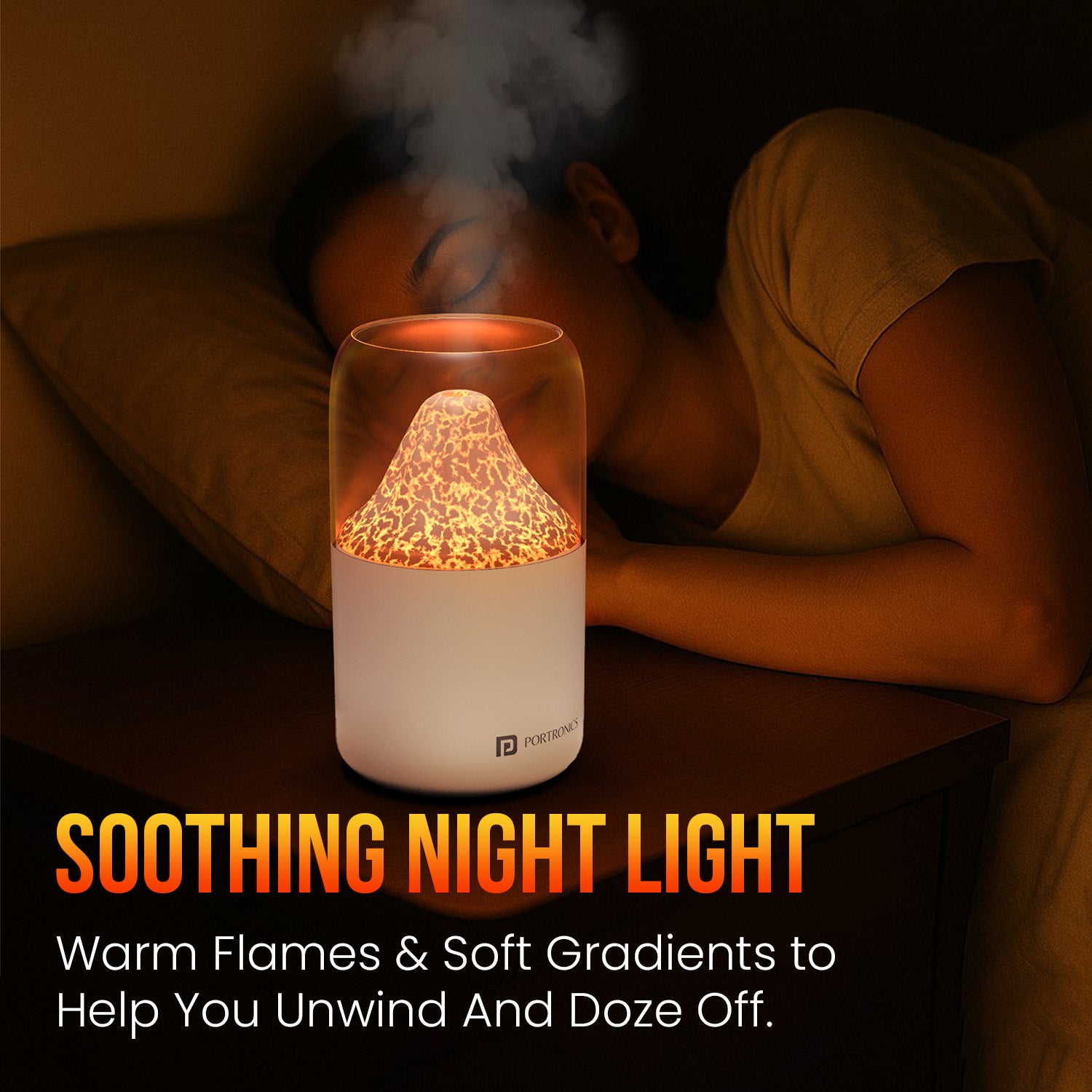 Portronics Magma multifunction humidifier for room and office with cool mist, gradient lighting, and 2-in-1 flame night lamp