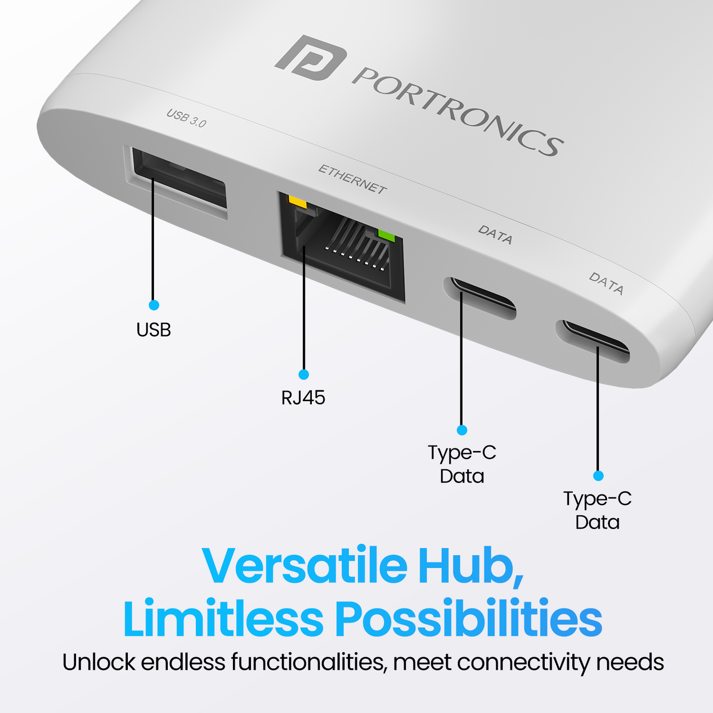 White Portronics Mport 41 compact and portable USB hub for PC and laptops featuring USB to LAN converter and support for multiple device connections