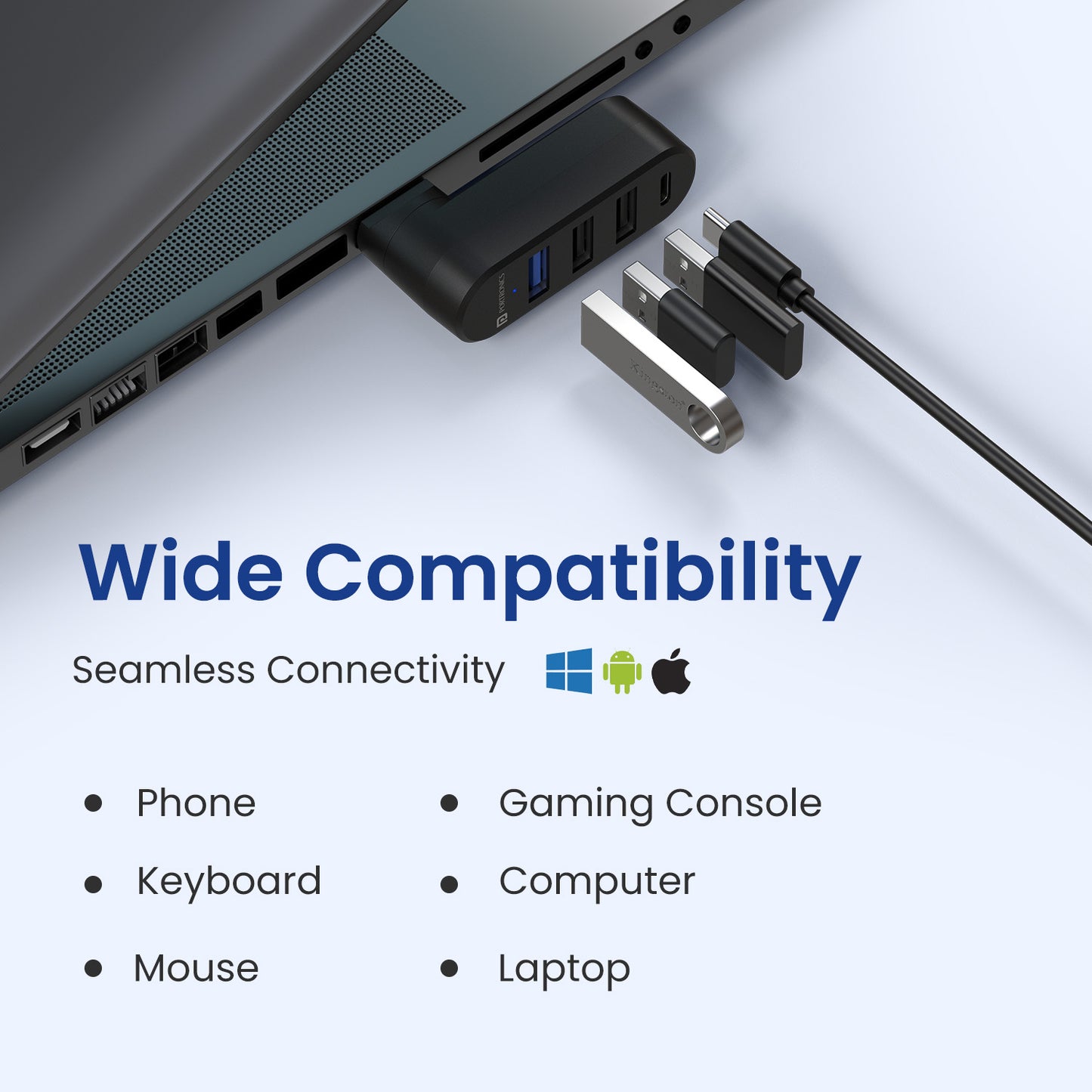 Premium Portronics Mport Spin C USB hub with plug and play for laptops, tablets, and PCs; supports pen drives, external hard drives, keyboards, and smartphones with 5V USB power and super-fast data sync.
