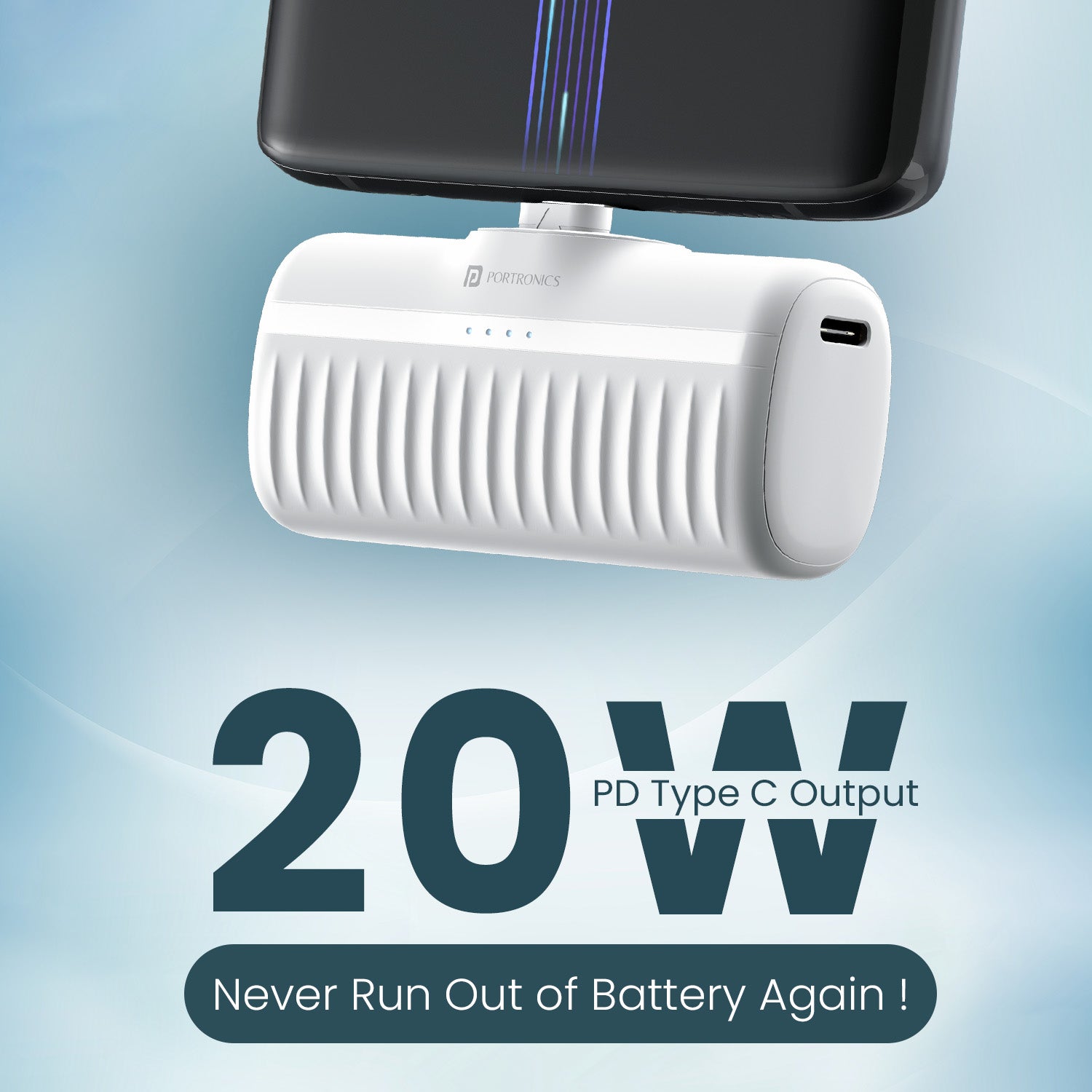 White Best power bank alternative Portronics Pebble 5000mAh, fast charging 20W PD, compact featherweight design ensures maximum portability and efficient charge
