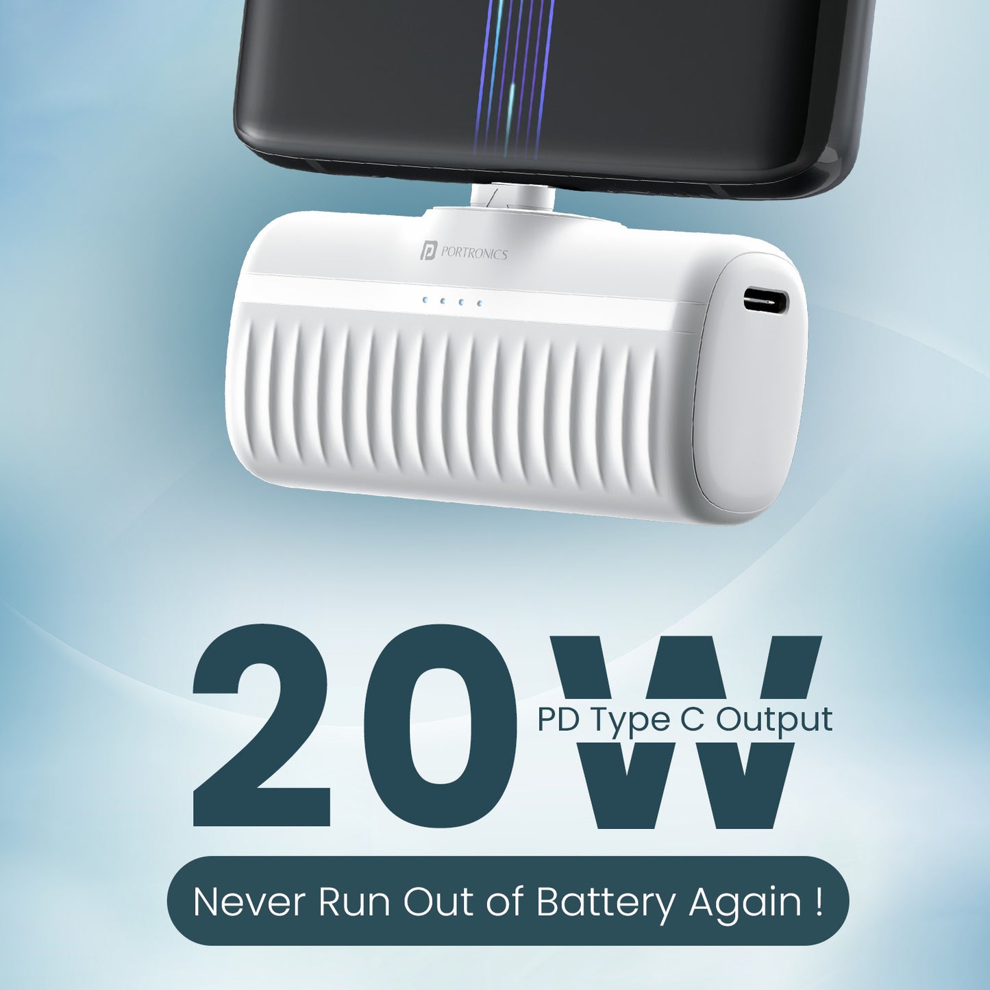 White Best power bank alternative Portronics Pebble 5000mAh, fast charging 20W PD, compact featherweight design ensures maximum portability and efficient charge