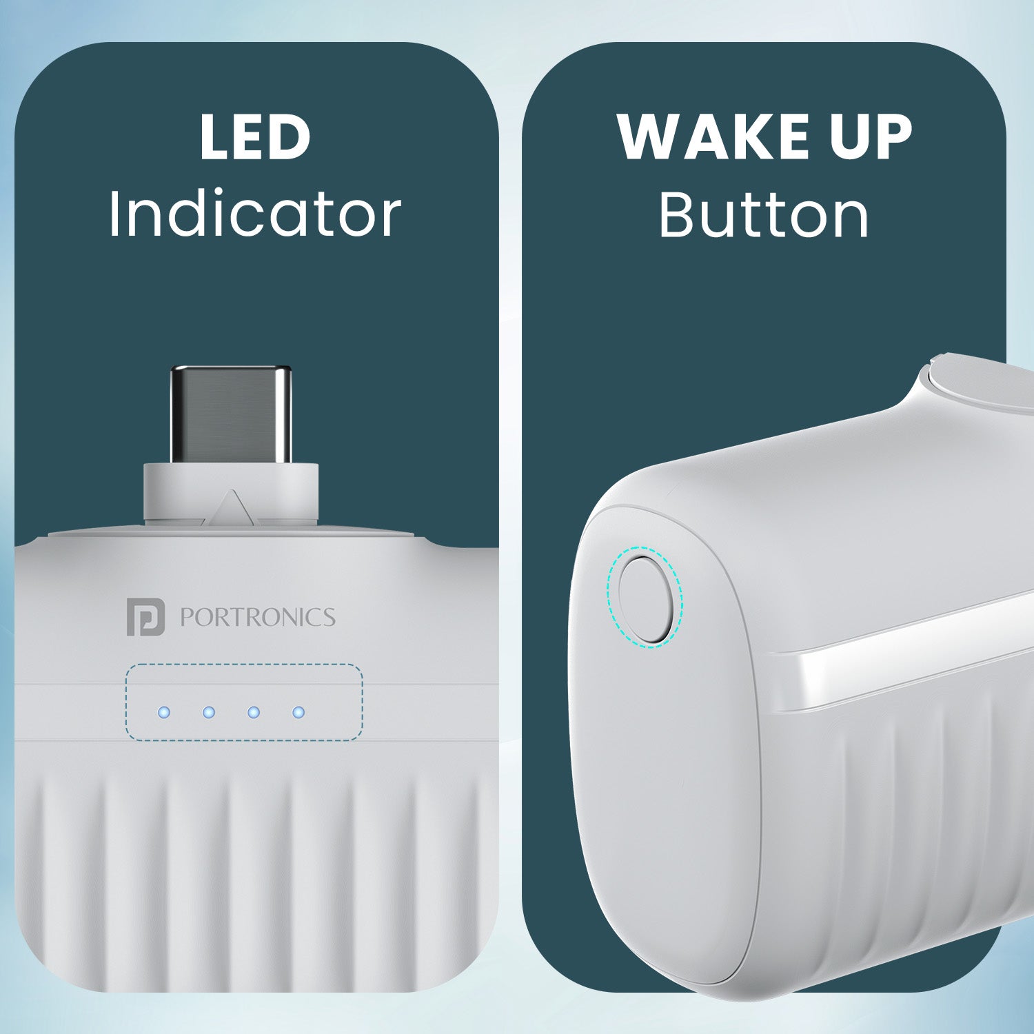 White Portronics Pebble mini power bank 5000mAh compact pocket solution, LED battery indicator for real-time status, Type C PD output, and overcharge protection for device safety