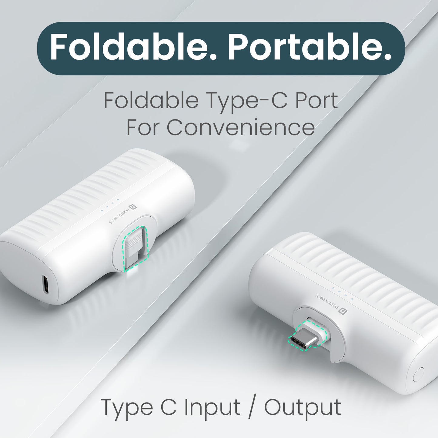 White Portronics Pebble power bank for iPhone and smartphones 5000mAh with PD output, LED indicator, foldable Type C pin and BIS certified durability for universal usability